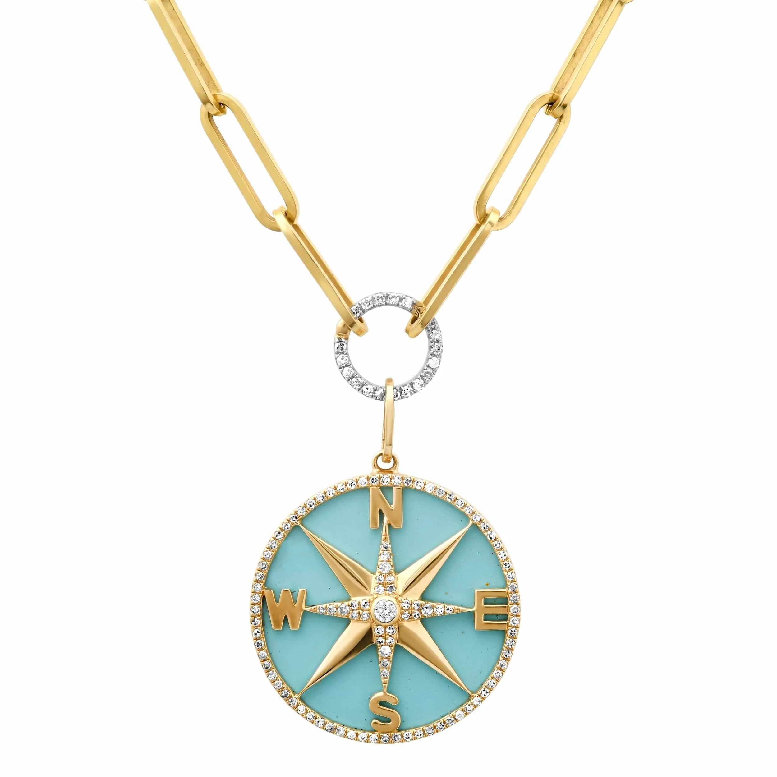 14K Gold Turquoise and Pave Diamond Compass Charm, Large