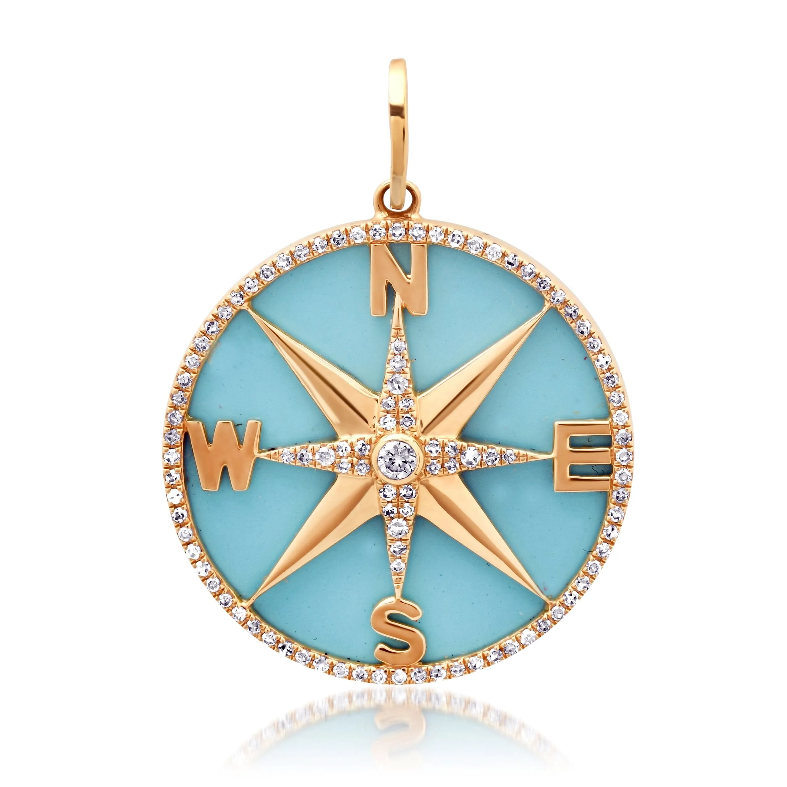 14K Gold Turquoise and Pave Diamond Compass Charm, Large