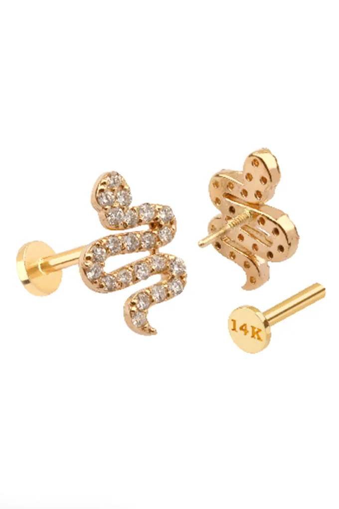 14K Real Gold Cz or Genuine Diamond Snake Internally Threaded Earring Labret Jewelry