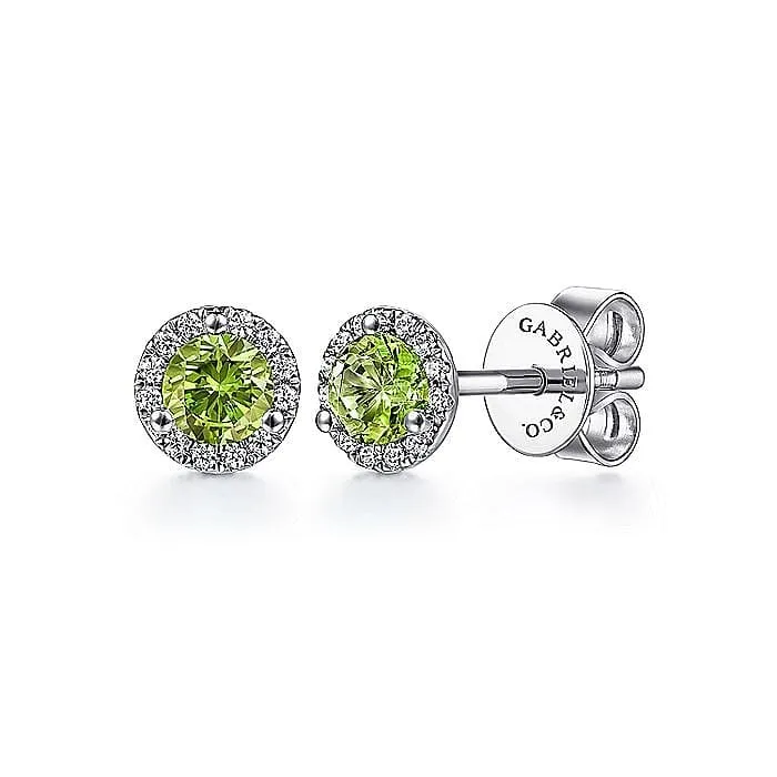 14K White Gold Peridot Stud Earrings with Diamond Halo