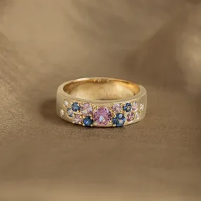 14K Yellow Gold Natural Blue and Pink Sapphire Diamond Brushed Band