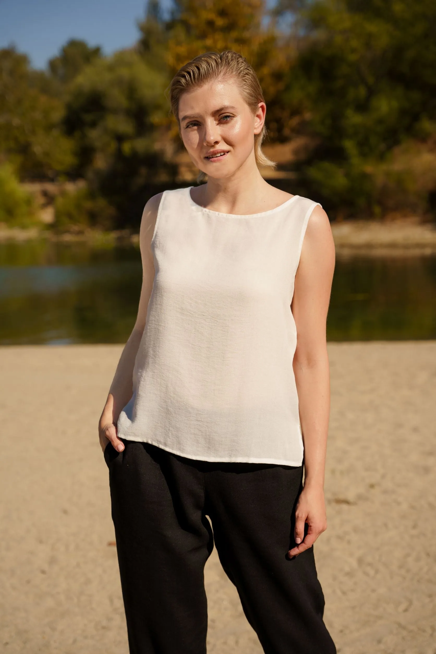 AATK13 - Jewel Neck Short Linen Tank