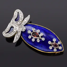 Antique 18K Gold & Platinum Garnet & 0.97 TCW Diamond Blue Enamel Brooch Pin