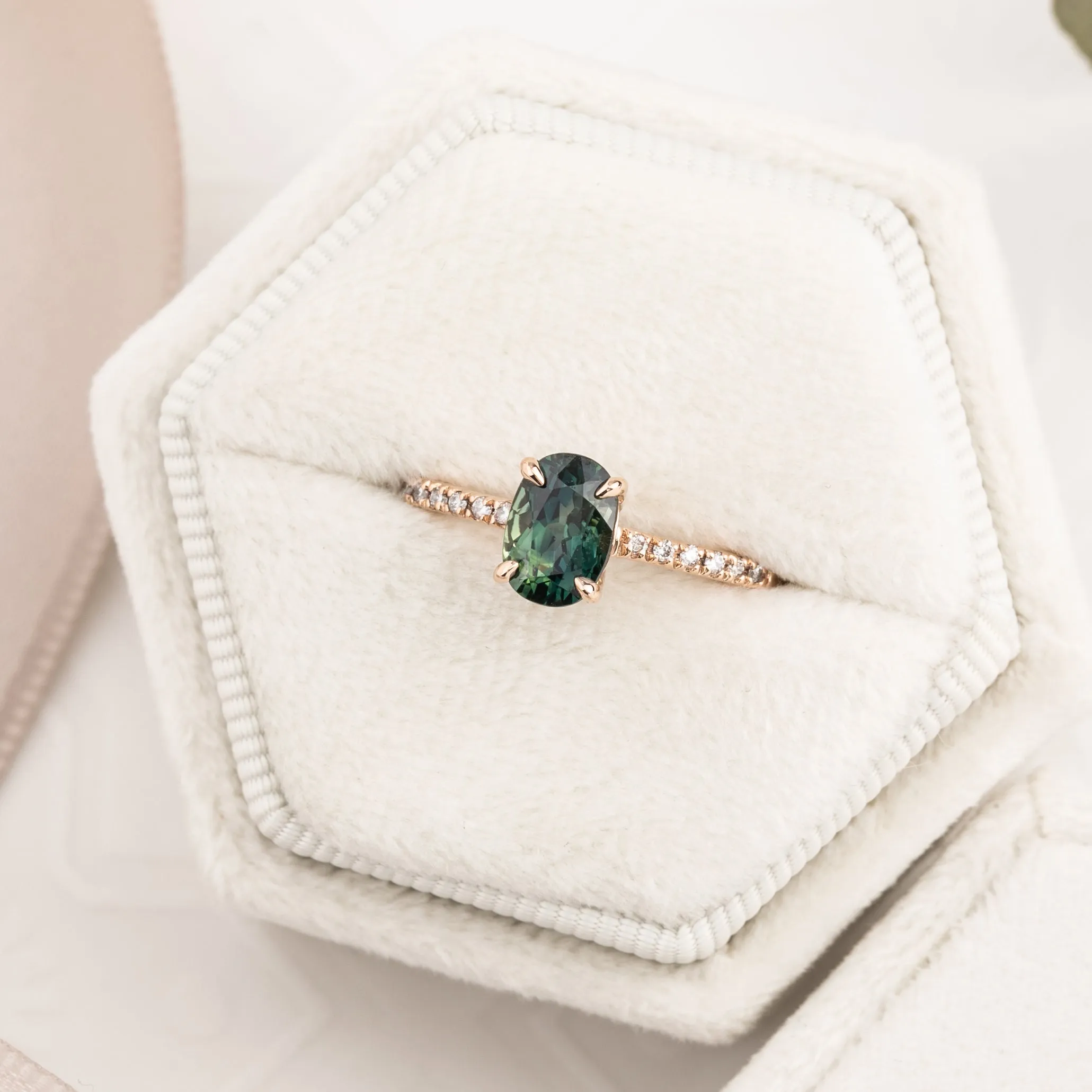 Audrey Ring 1.1ct Deep Blue Green Queensland Sapphire, 14k Rose Gold (One of a kind)