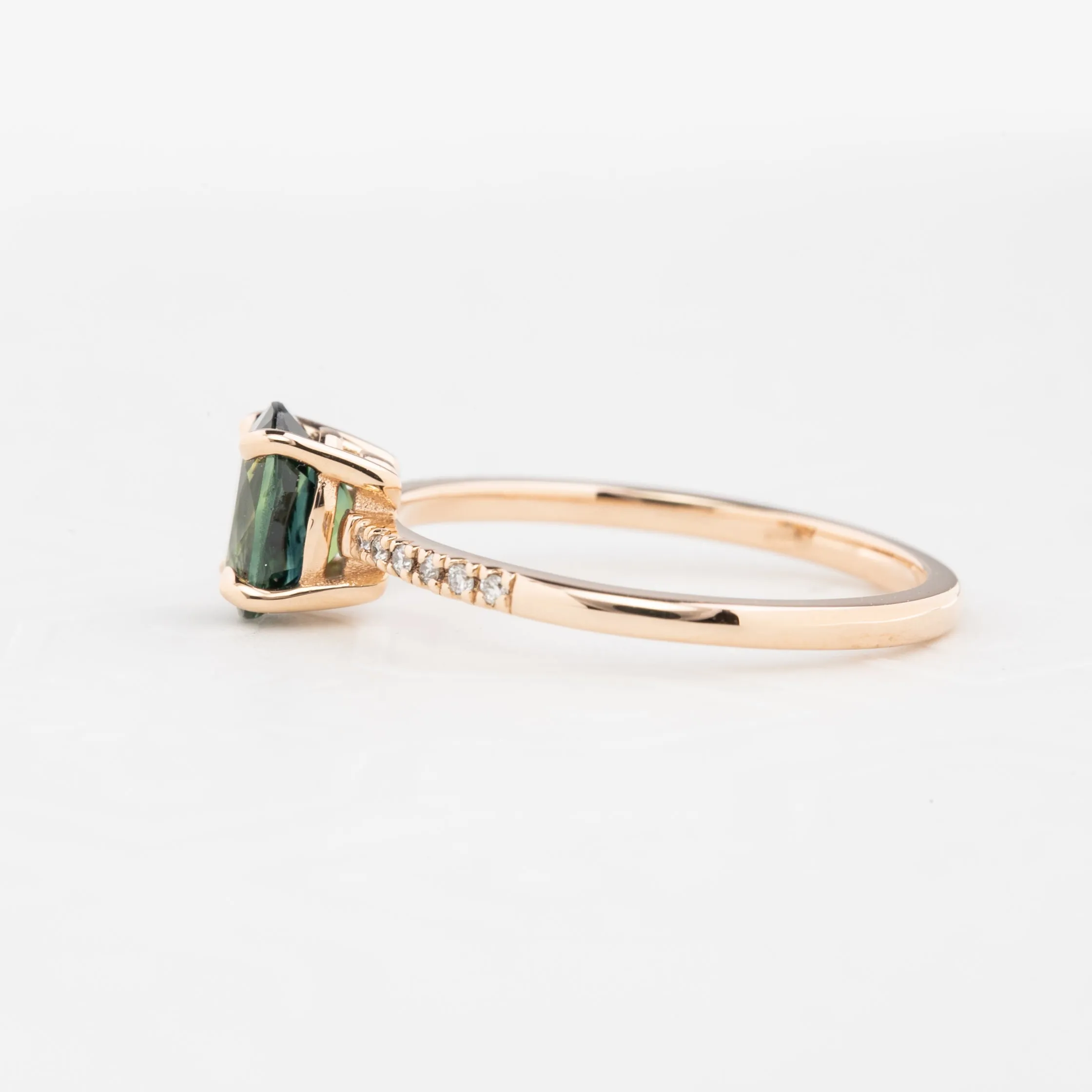 Audrey Ring 1.1ct Deep Blue Green Queensland Sapphire, 14k Rose Gold (One of a kind)