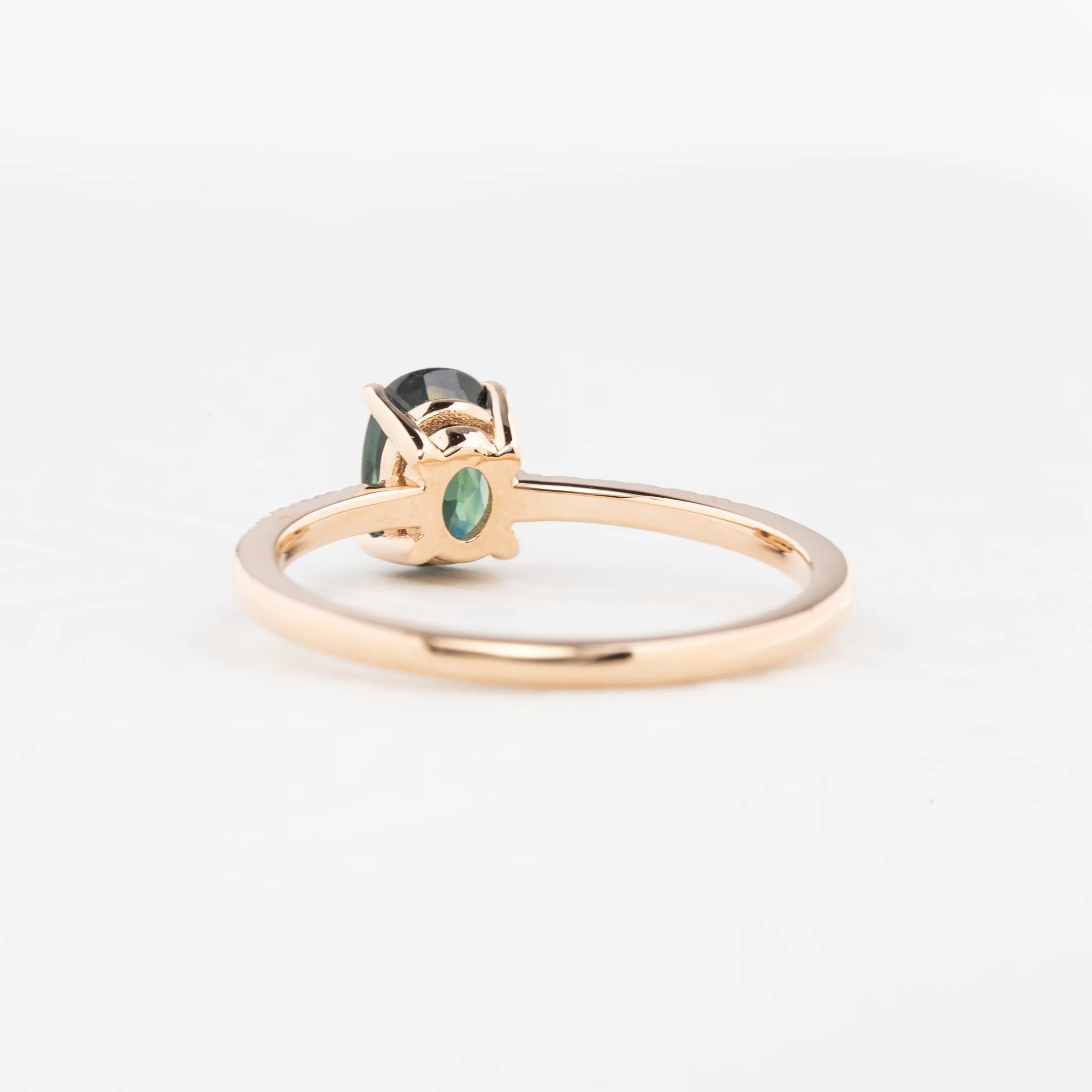 Audrey Ring 1.1ct Deep Blue Green Queensland Sapphire, 14k Rose Gold (One of a kind)