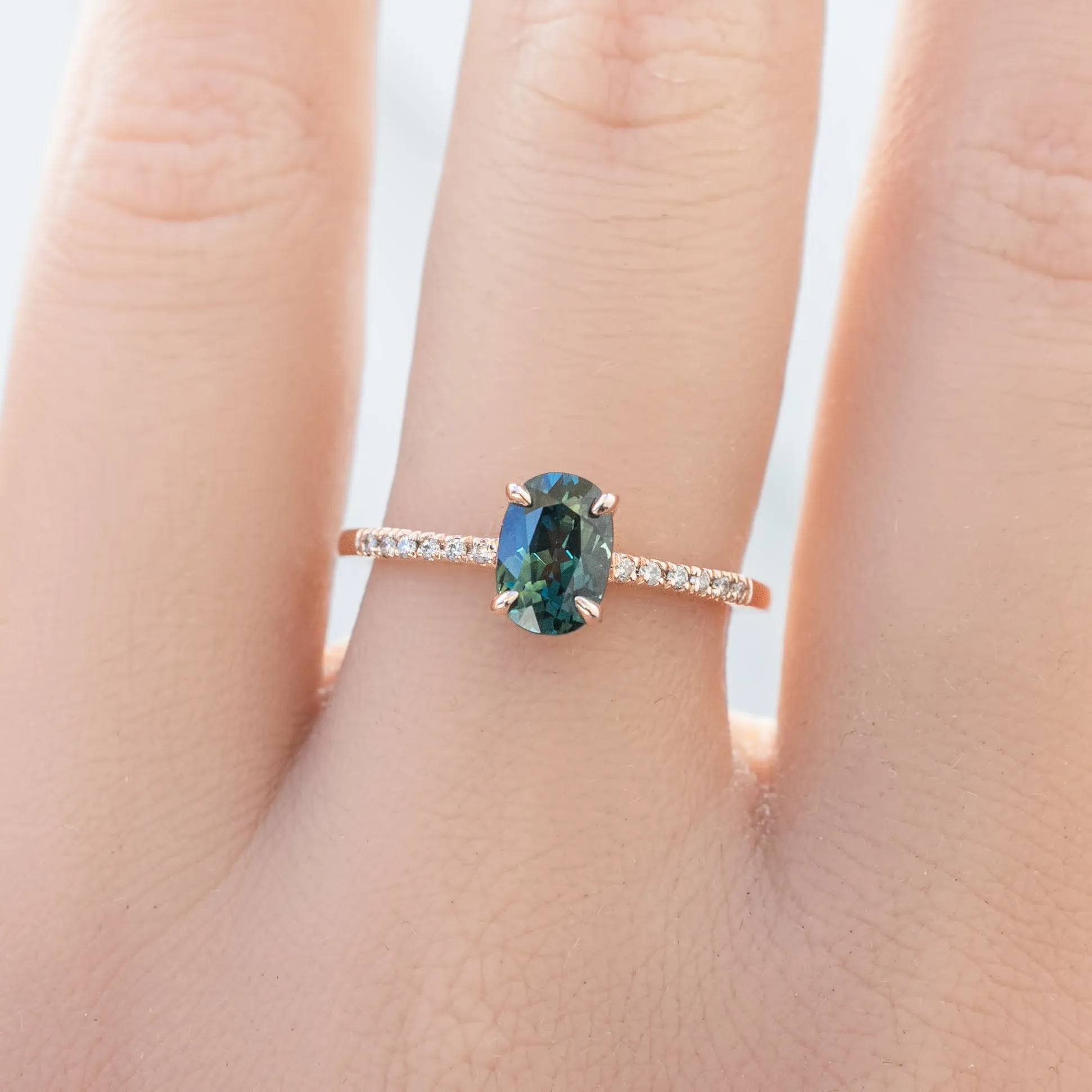 Audrey Ring 1.1ct Deep Blue Green Queensland Sapphire, 14k Rose Gold (One of a kind)