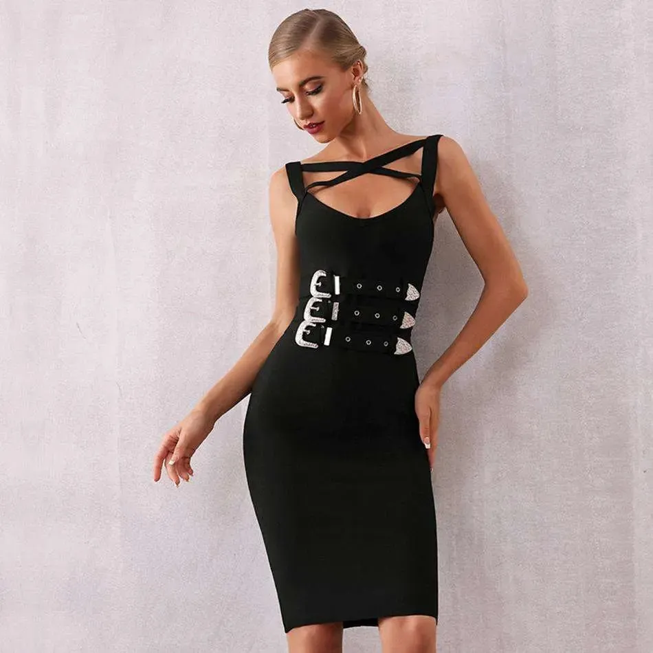 Black Spaghetti Strap Sashes Bodycon Mini Dress