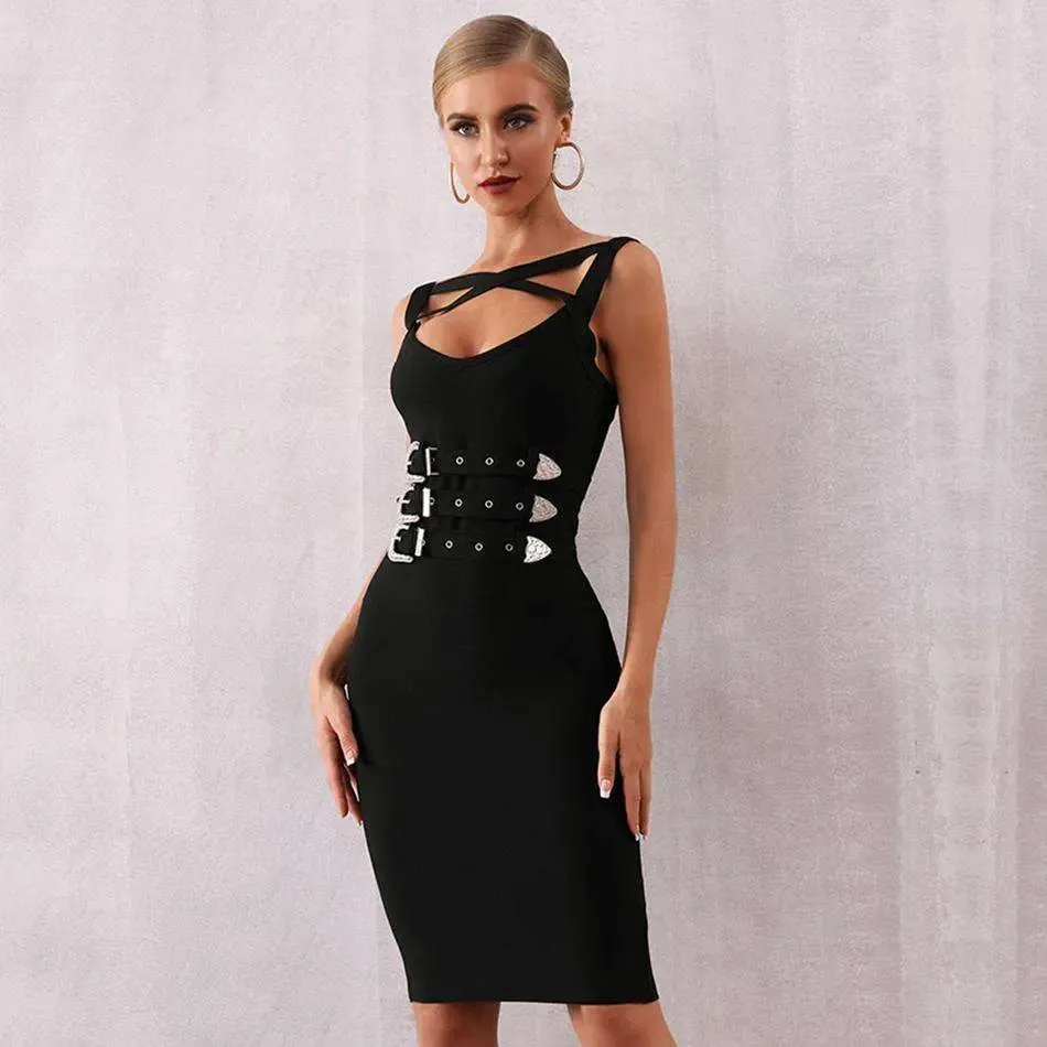 Black Spaghetti Strap Sashes Bodycon Mini Dress