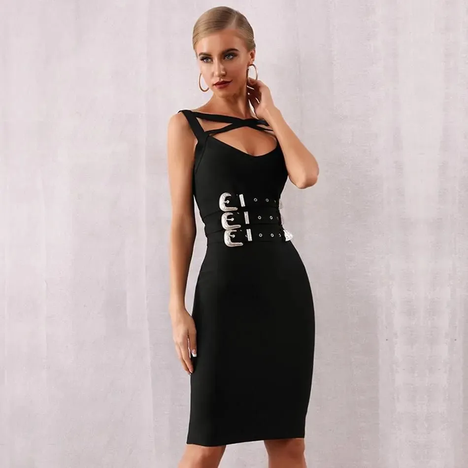 Black Spaghetti Strap Sashes Bodycon Mini Dress