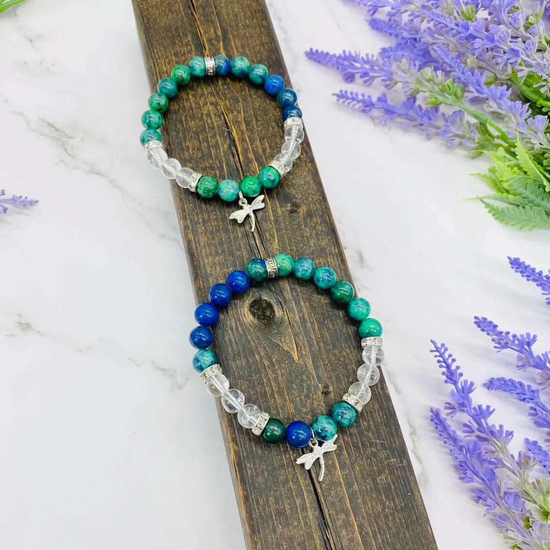 Chrysocolla  Bracelet with Butterfly Charms, Malachite, Azurite Bracelet, High Quality Crystal Jewelry, 8mm Beads, Gift for Her,