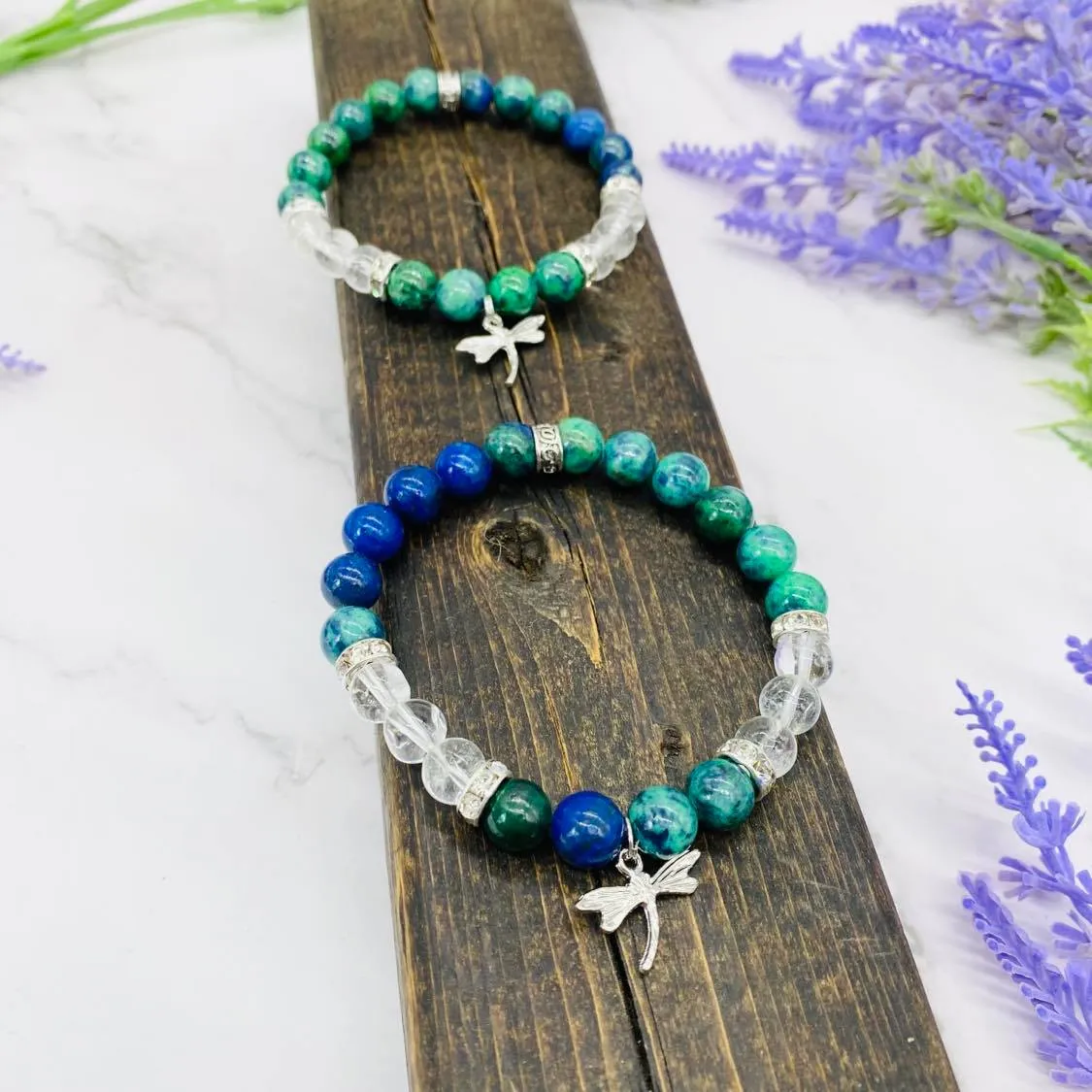 Chrysocolla  Bracelet with Butterfly Charms, Malachite, Azurite Bracelet, High Quality Crystal Jewelry, 8mm Beads, Gift for Her,