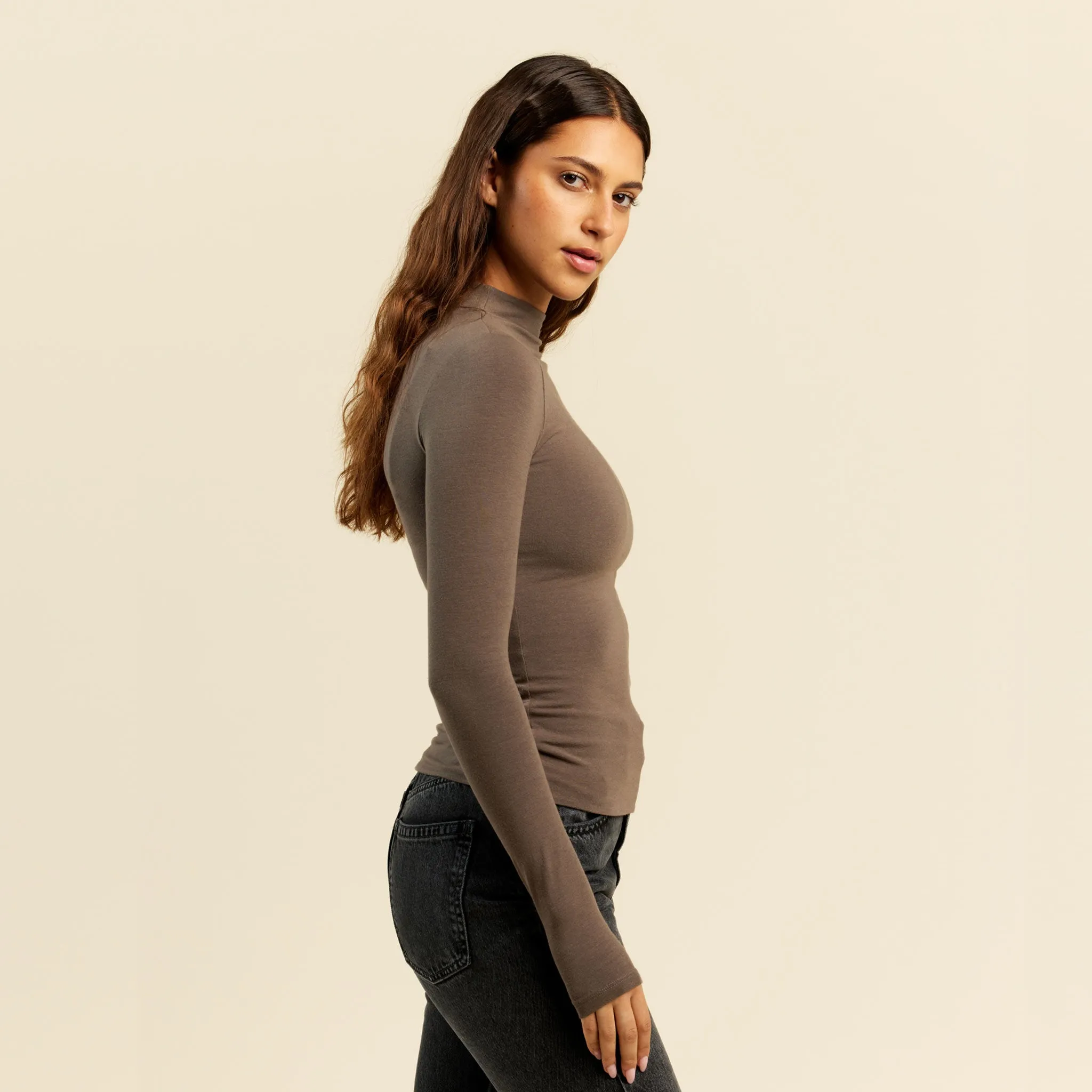 Cotton Mock Neck Shirt | Mocha