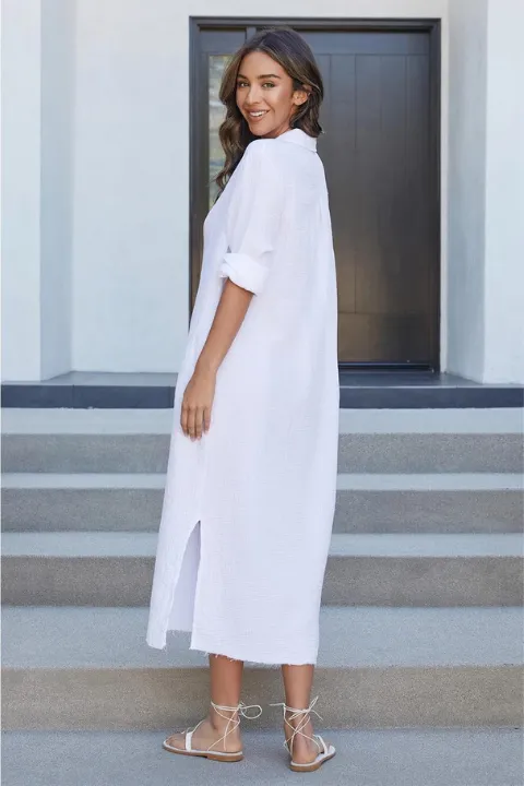 Crinkle Gauze Long Button Down Shirt Dress