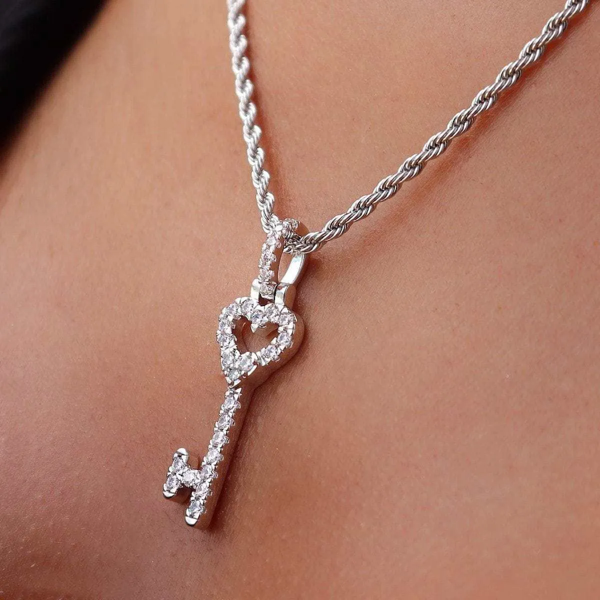 Diamond Heart Key Pendant in White Gold