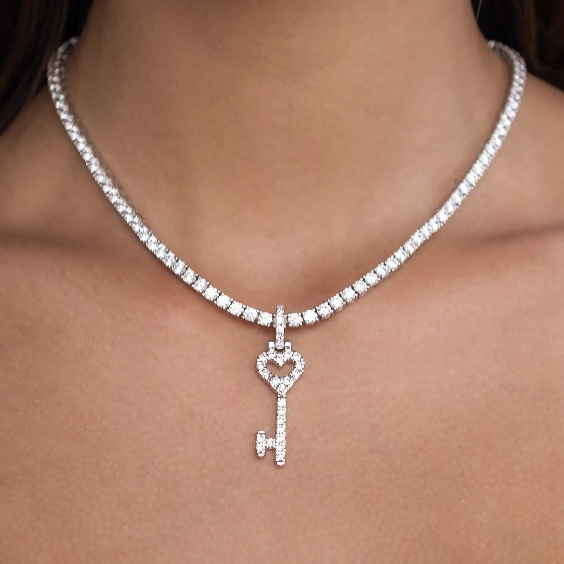 Diamond Heart Key Pendant in White Gold