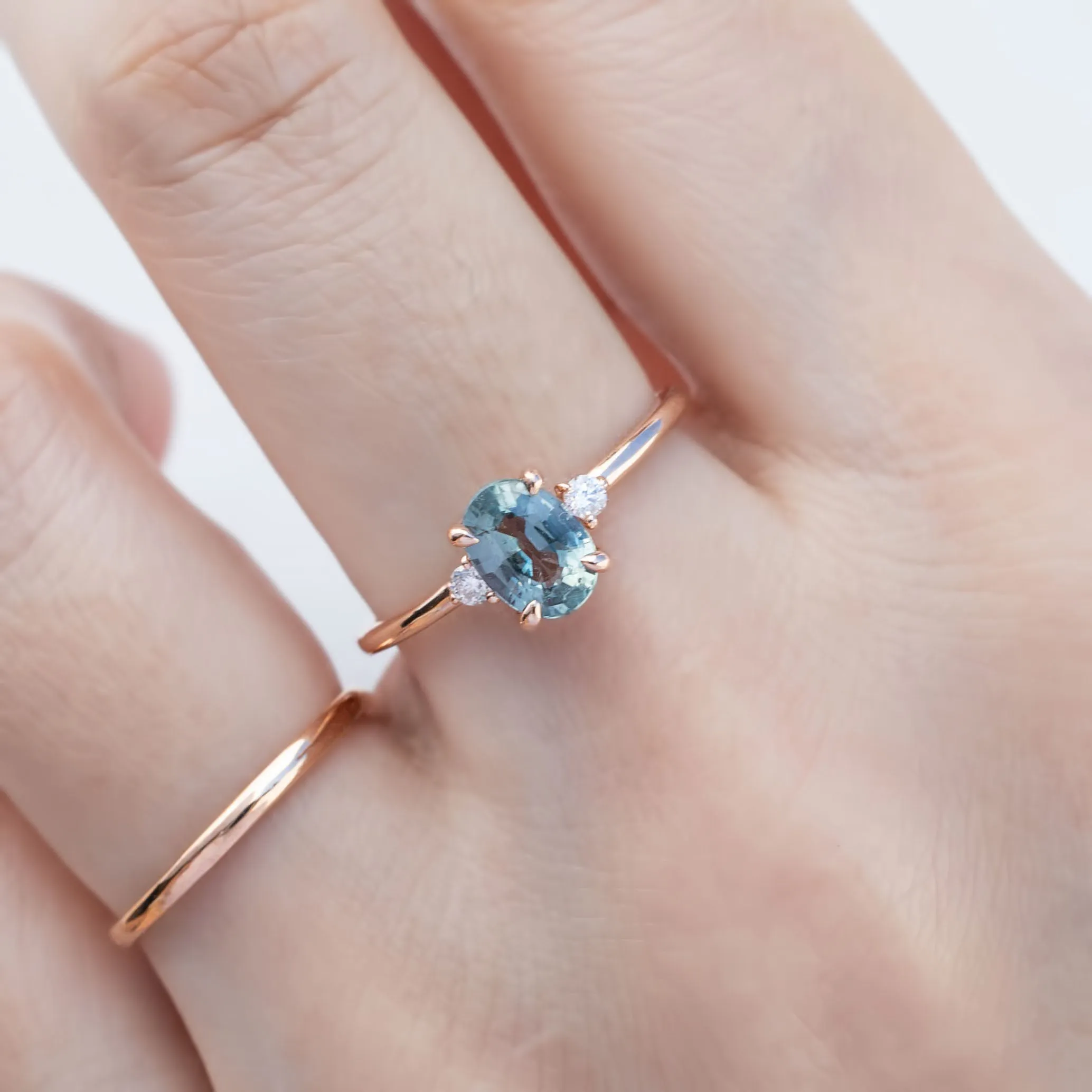 Emilie Ring 0.95ct Light Blue Green Unheated Sapphire, 14K Rose Gold (One of a kind)