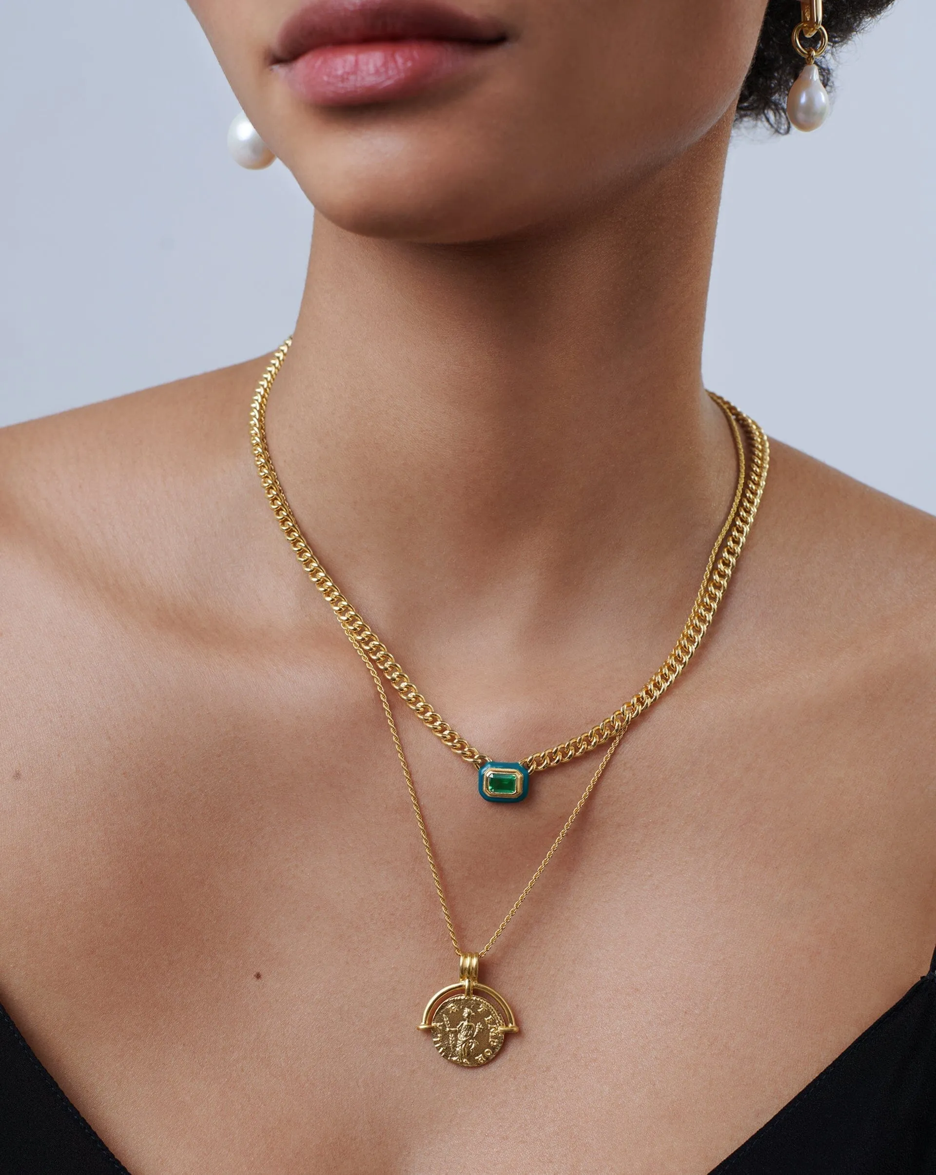 Enamel & Stone Floating Pendant Chain Necklace | 18ct Gold Plated/Green Cubic Zirconia