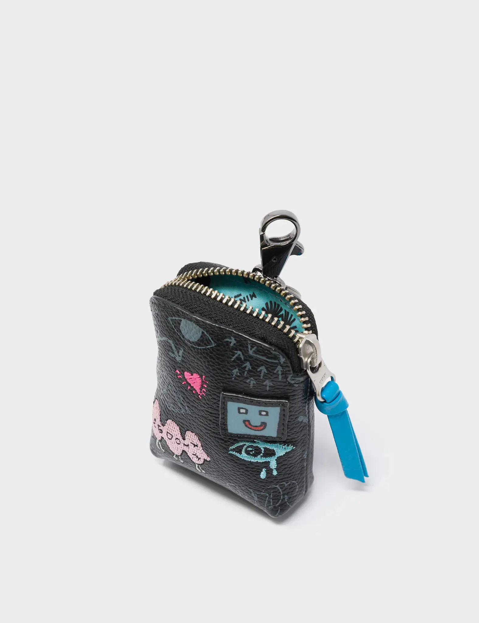 Florence Pouch Charm  - Black Leather Keychain Urban Doodles Print