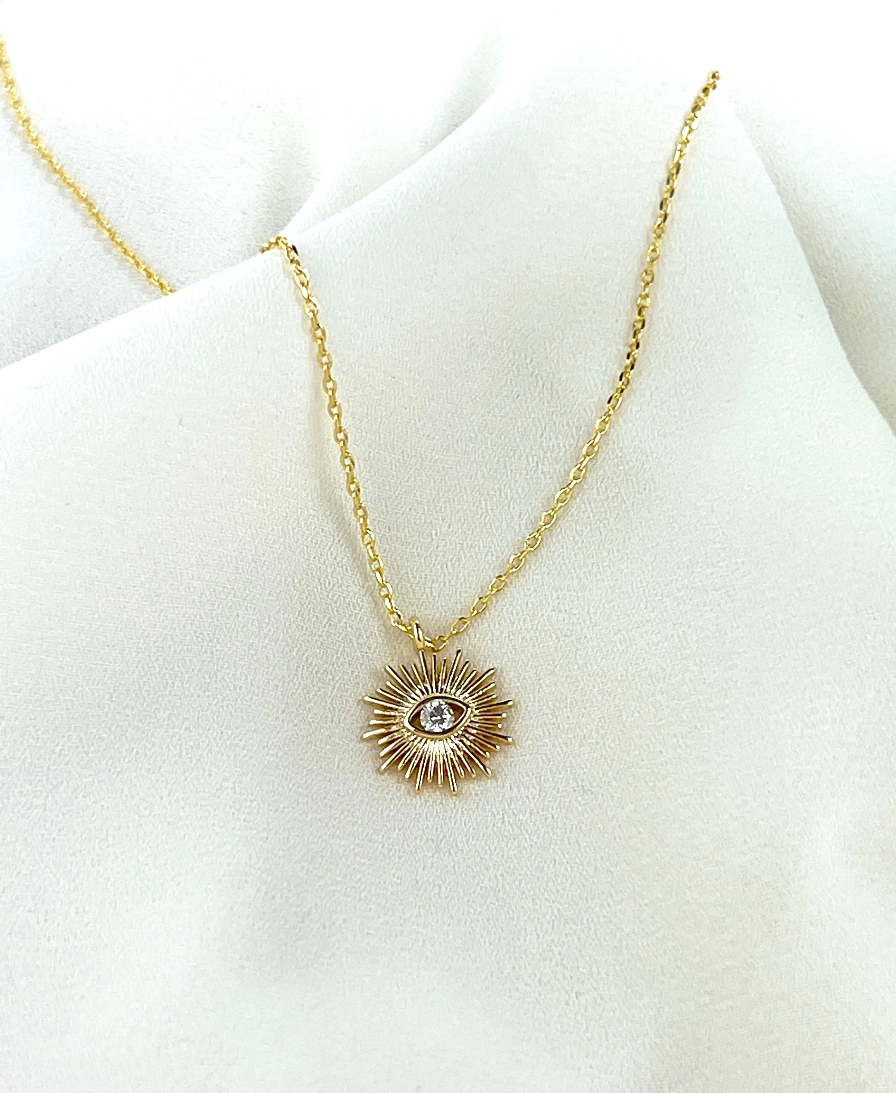 Gold Sun Evil Eye Charm Necklace