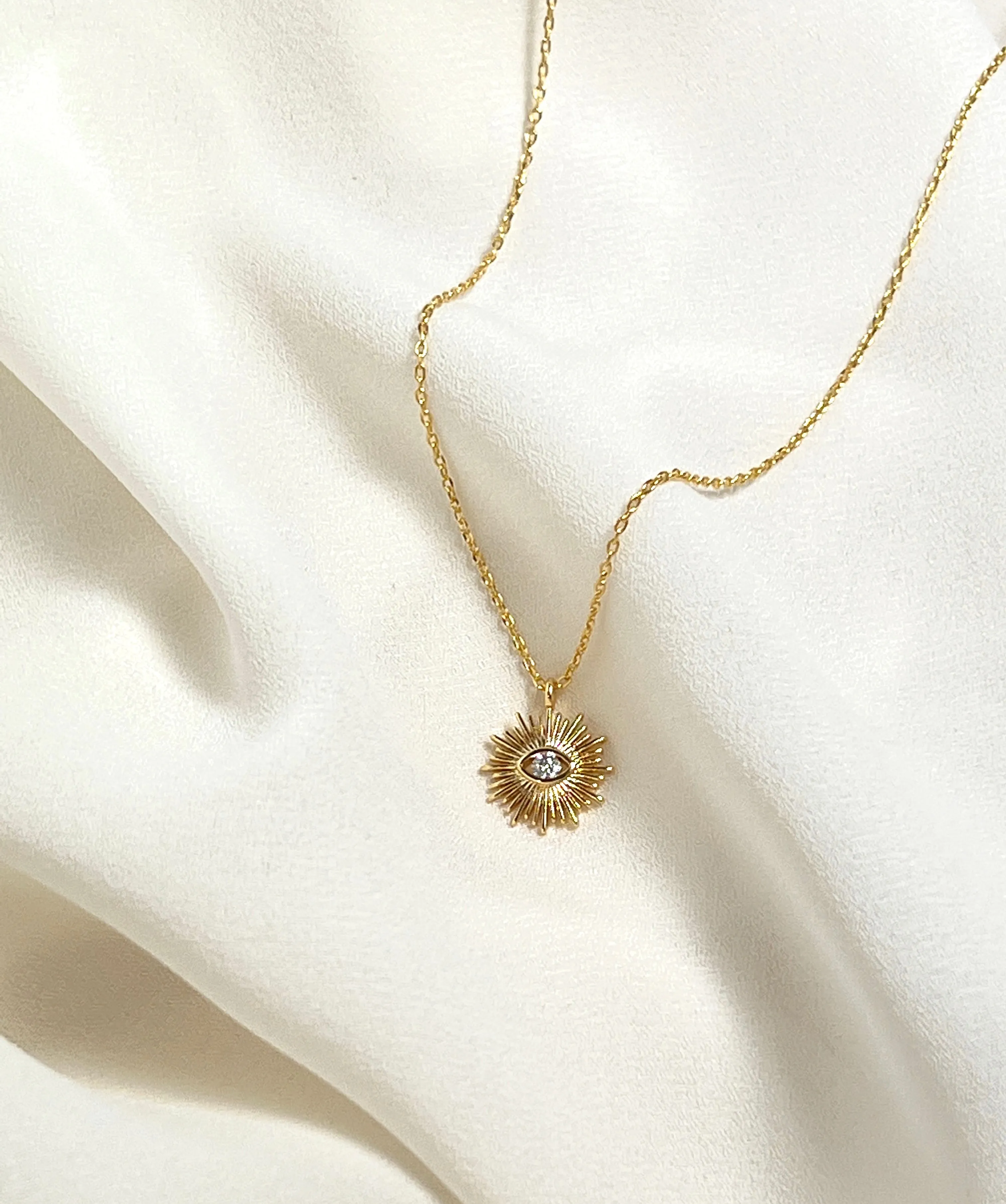 Gold Sun Evil Eye Charm Necklace