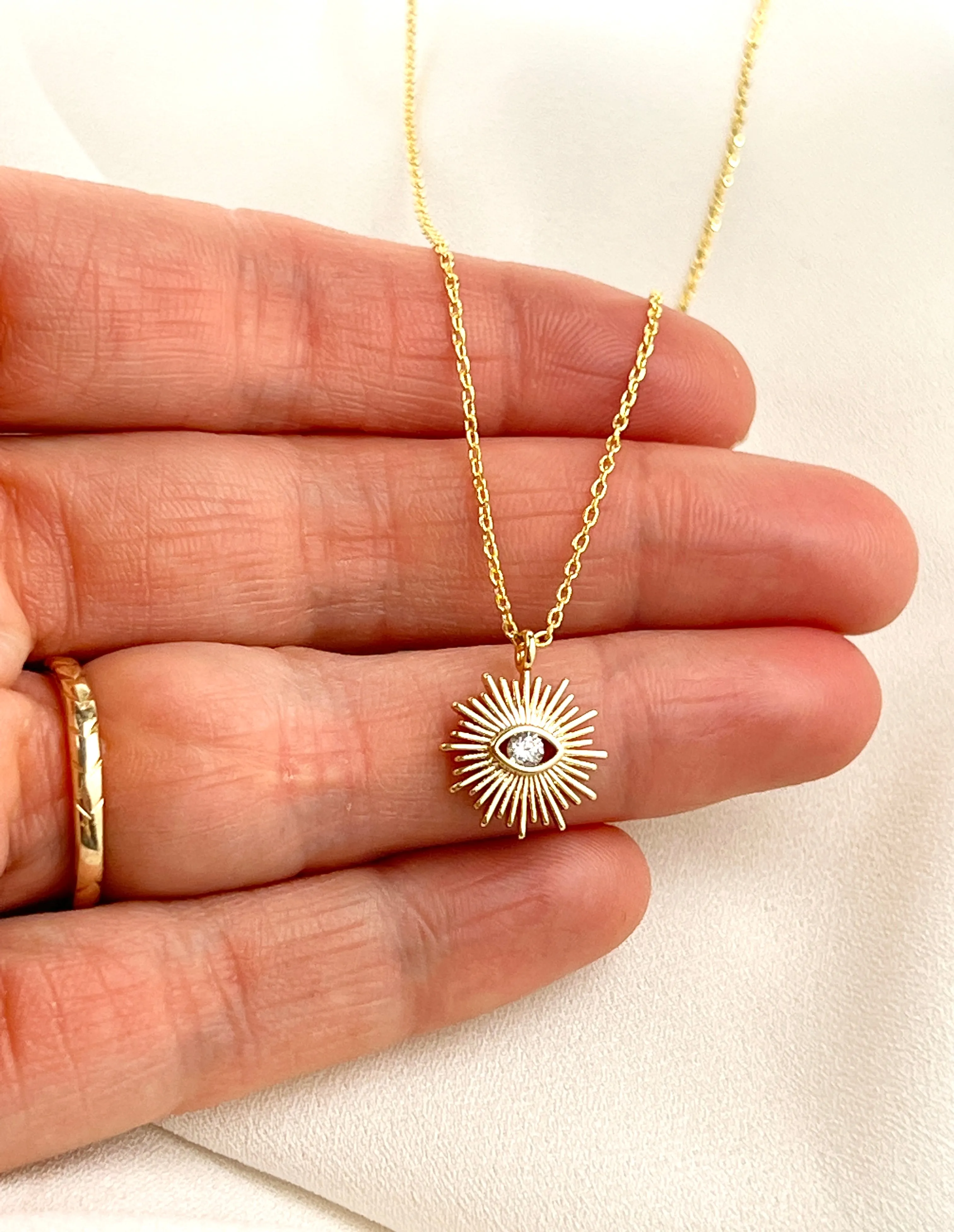 Gold Sun Evil Eye Charm Necklace