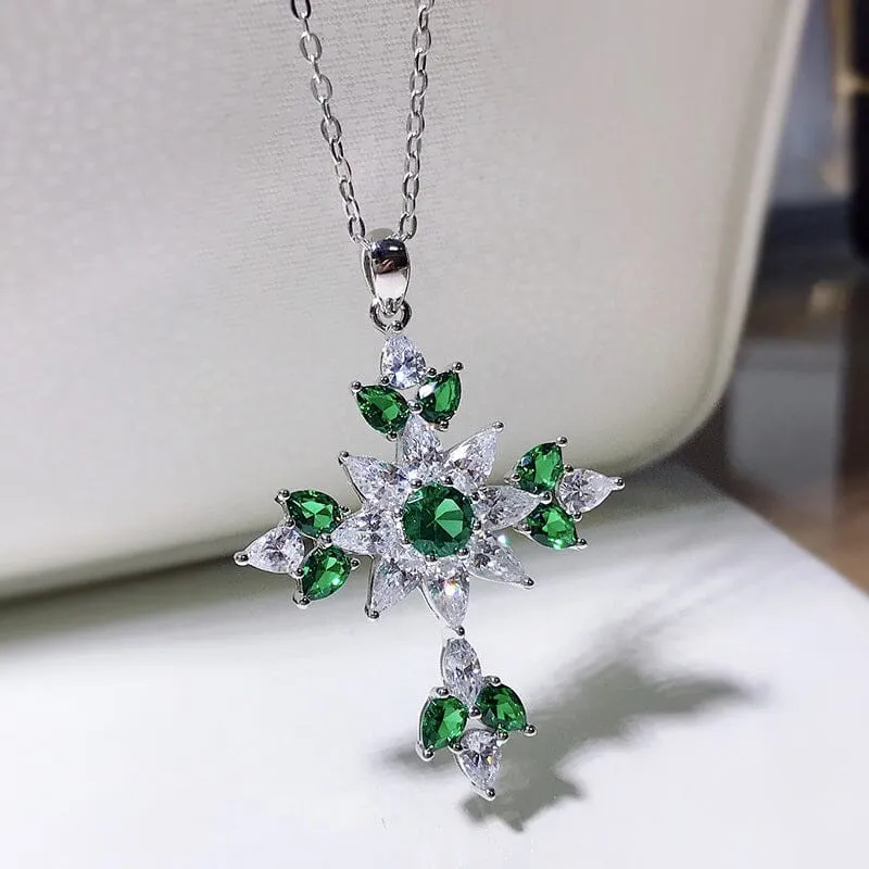 High Carbon Diamond Cross and Emerald Pendant Necklace - 925 Sterling Silver