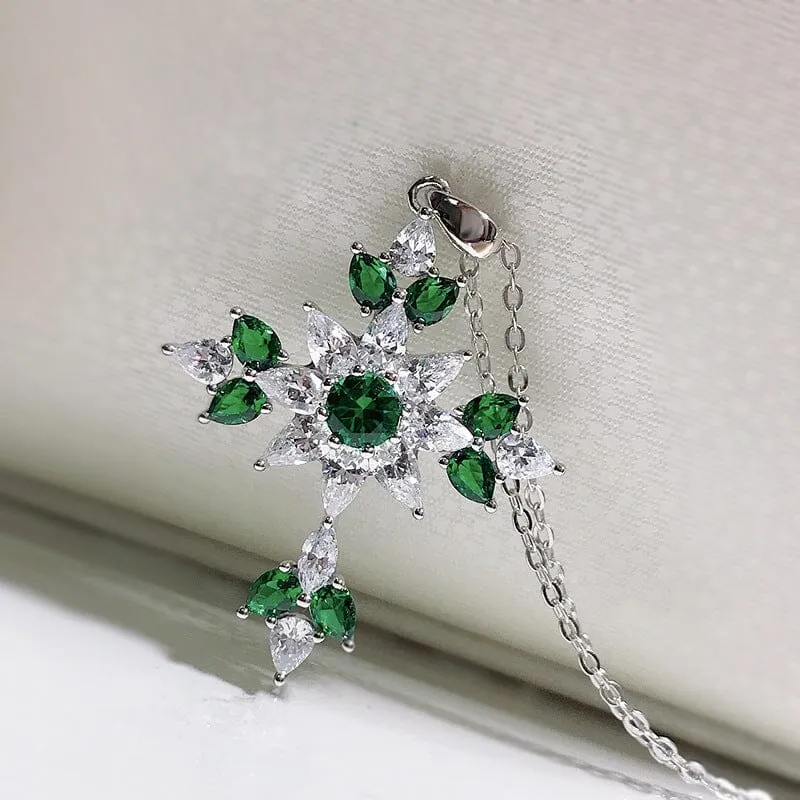 High Carbon Diamond Cross and Emerald Pendant Necklace - 925 Sterling Silver