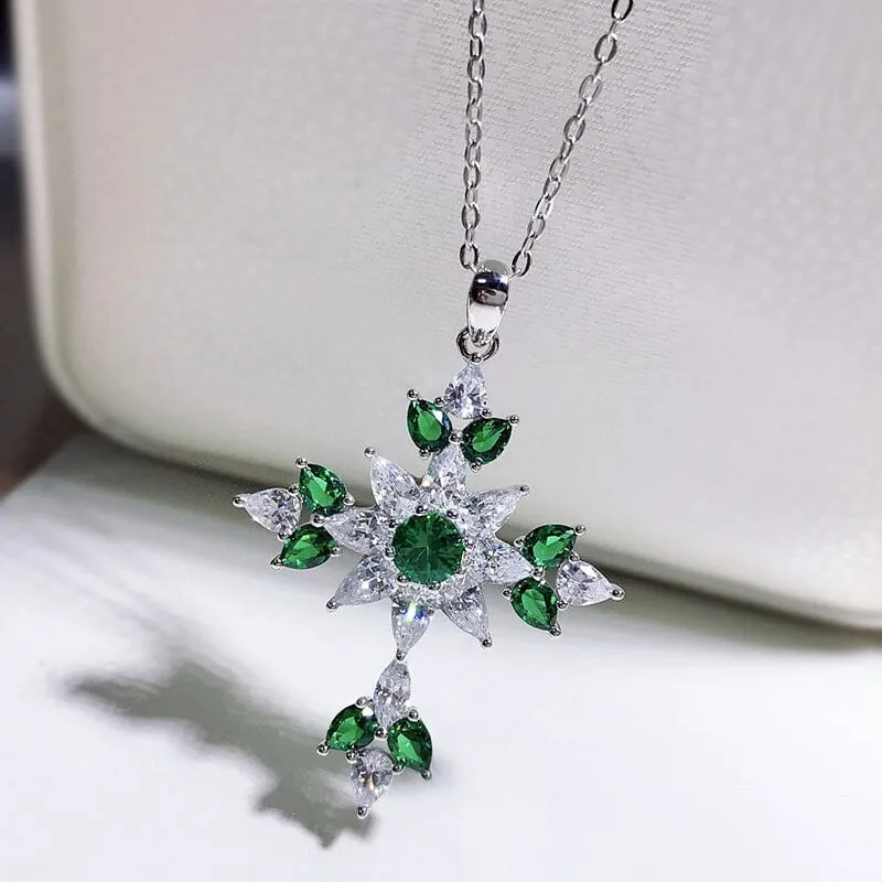 High Carbon Diamond Cross and Emerald Pendant Necklace - 925 Sterling Silver