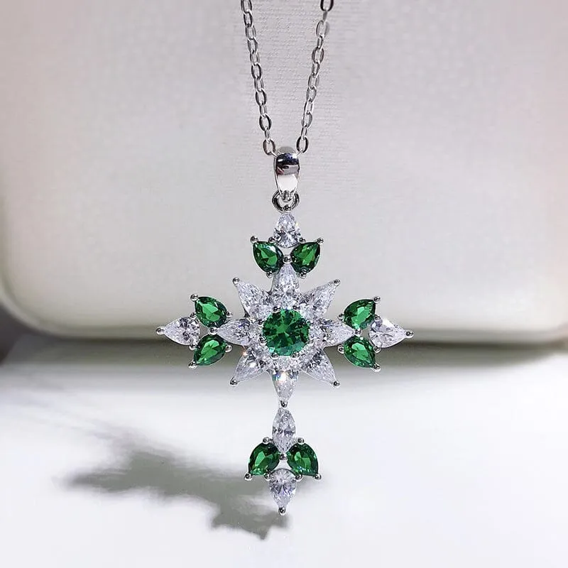 High Carbon Diamond Cross and Emerald Pendant Necklace - 925 Sterling Silver