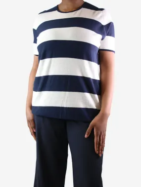 Navy blue and cream short-sleeved striped sweater - size L