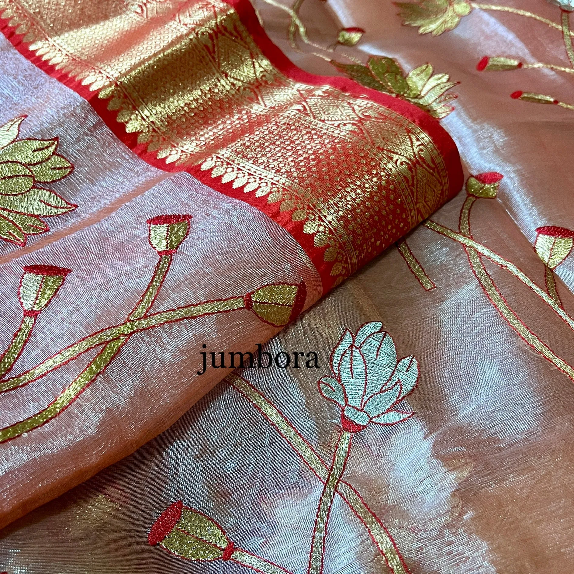 Onion Pink & Red Soft Kanchi Style Tissue Silk Saree with Stitched Blouse