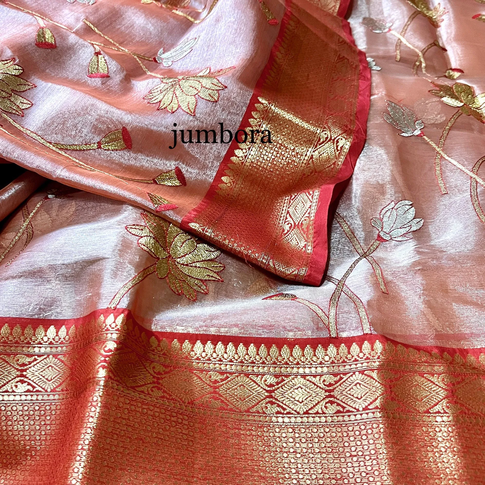 Onion Pink & Red Soft Kanchi Style Tissue Silk Saree with Stitched Blouse