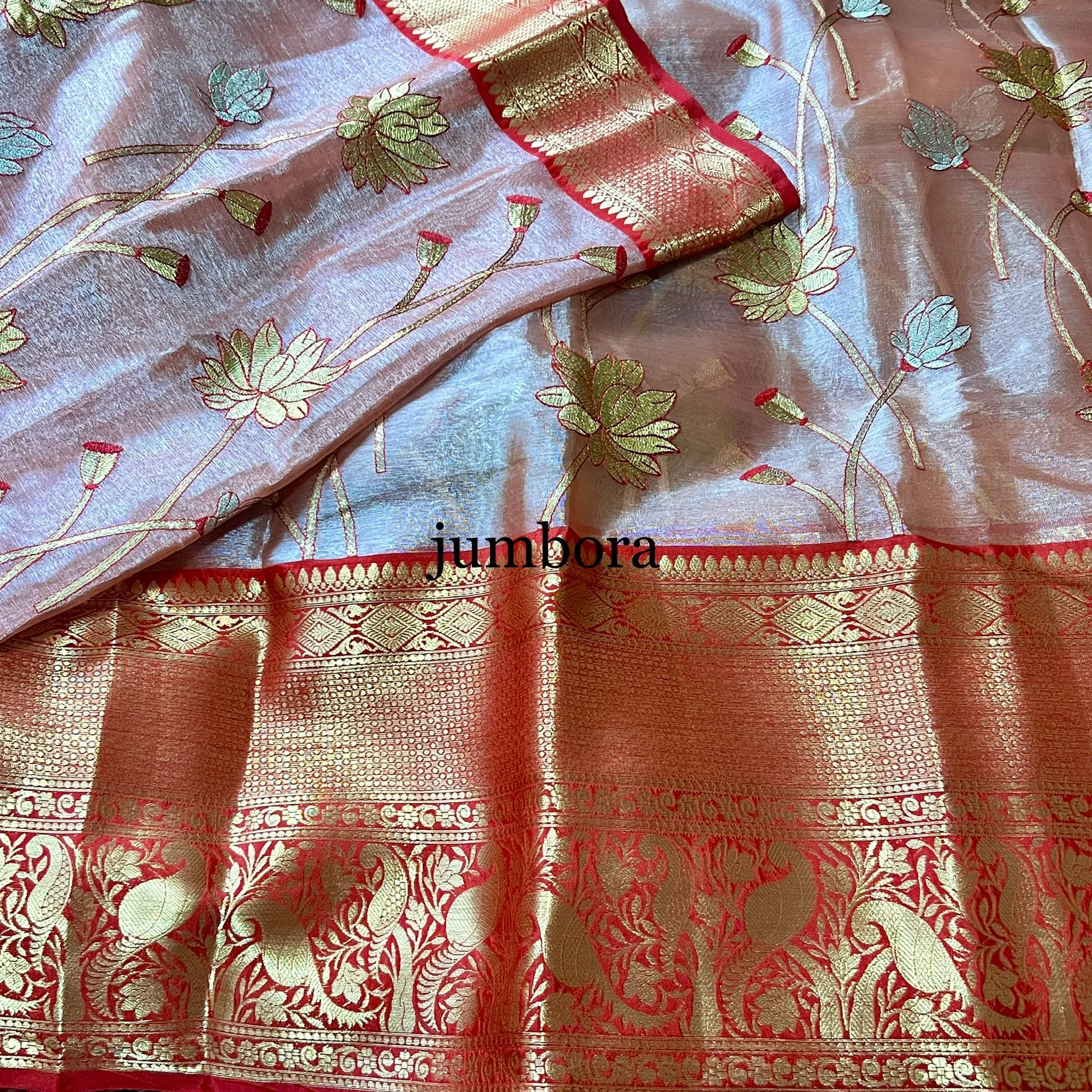 Onion Pink & Red Soft Kanchi Style Tissue Silk Saree with Stitched Blouse