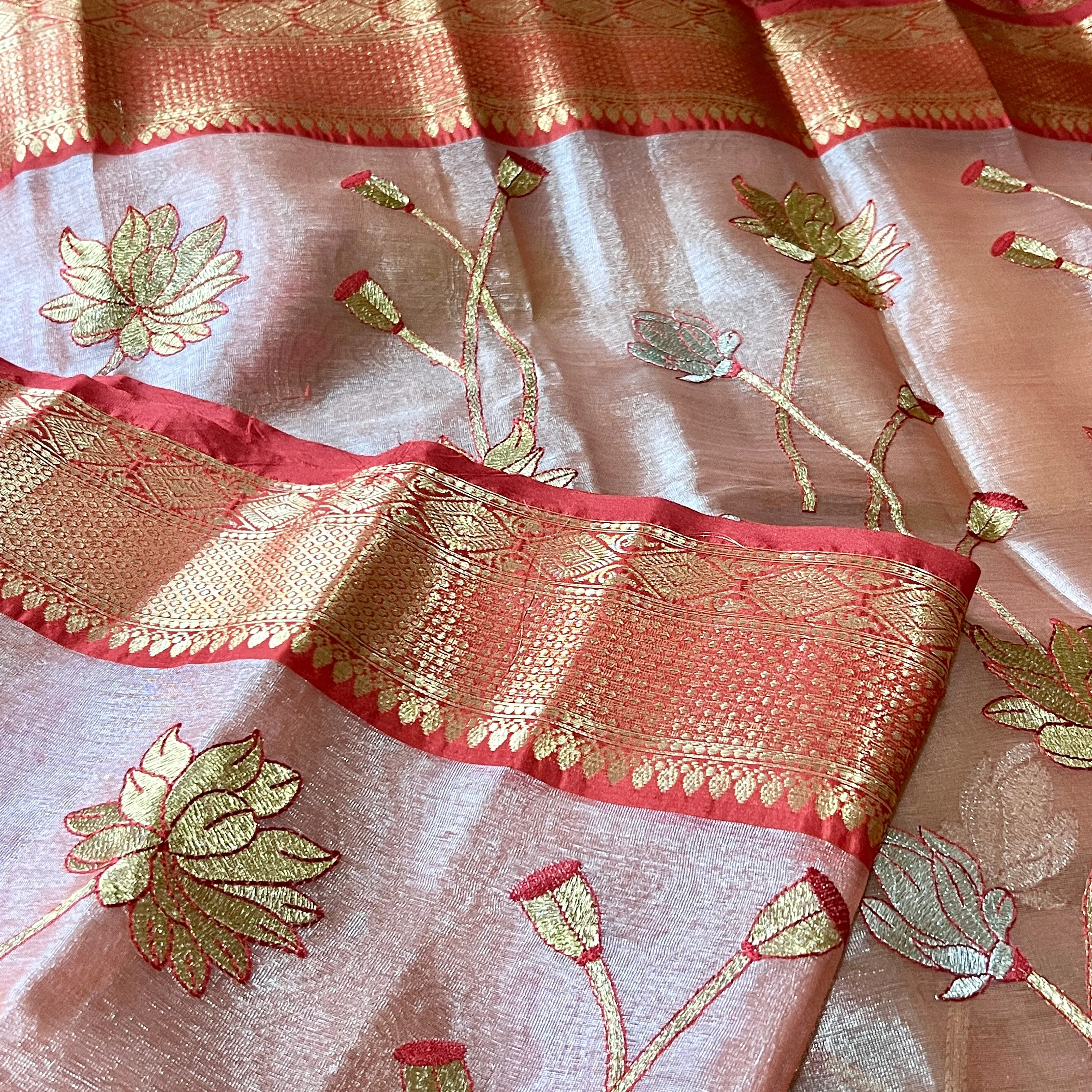 Onion Pink & Red Soft Kanchi Style Tissue Silk Saree with Stitched Blouse