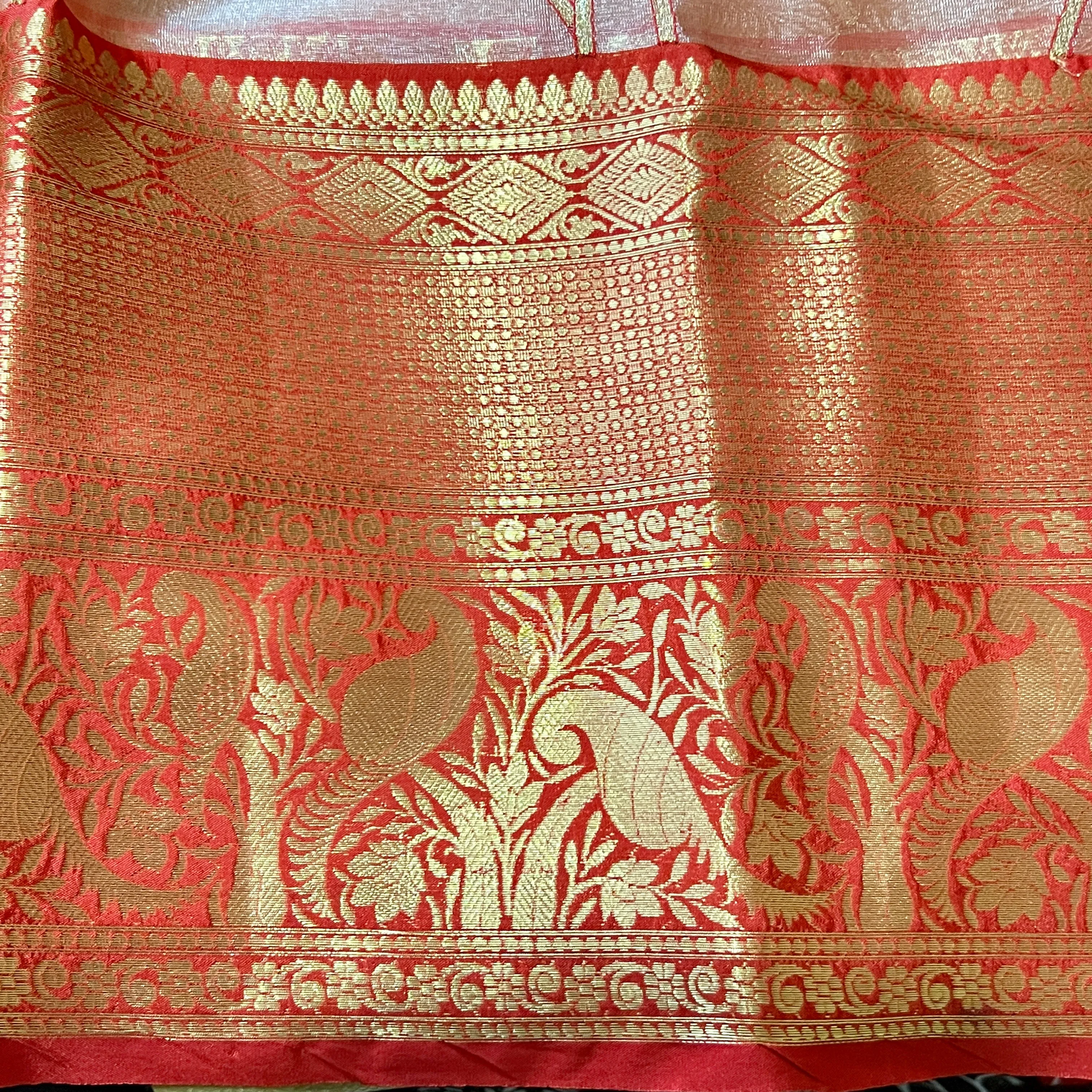 Onion Pink & Red Soft Kanchi Style Tissue Silk Saree with Stitched Blouse