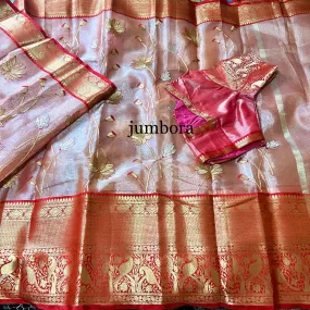 Onion Pink & Red Soft Kanchi Style Tissue Silk Saree with Stitched Blouse