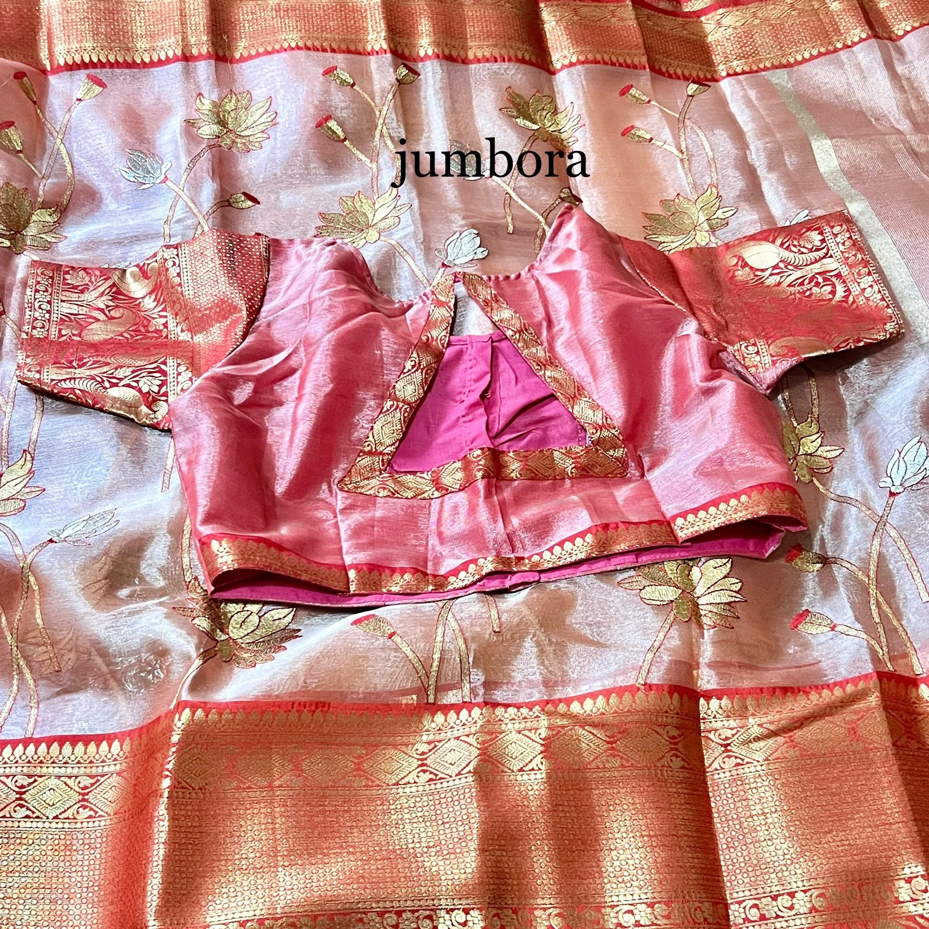 Onion Pink & Red Soft Kanchi Style Tissue Silk Saree with Stitched Blouse