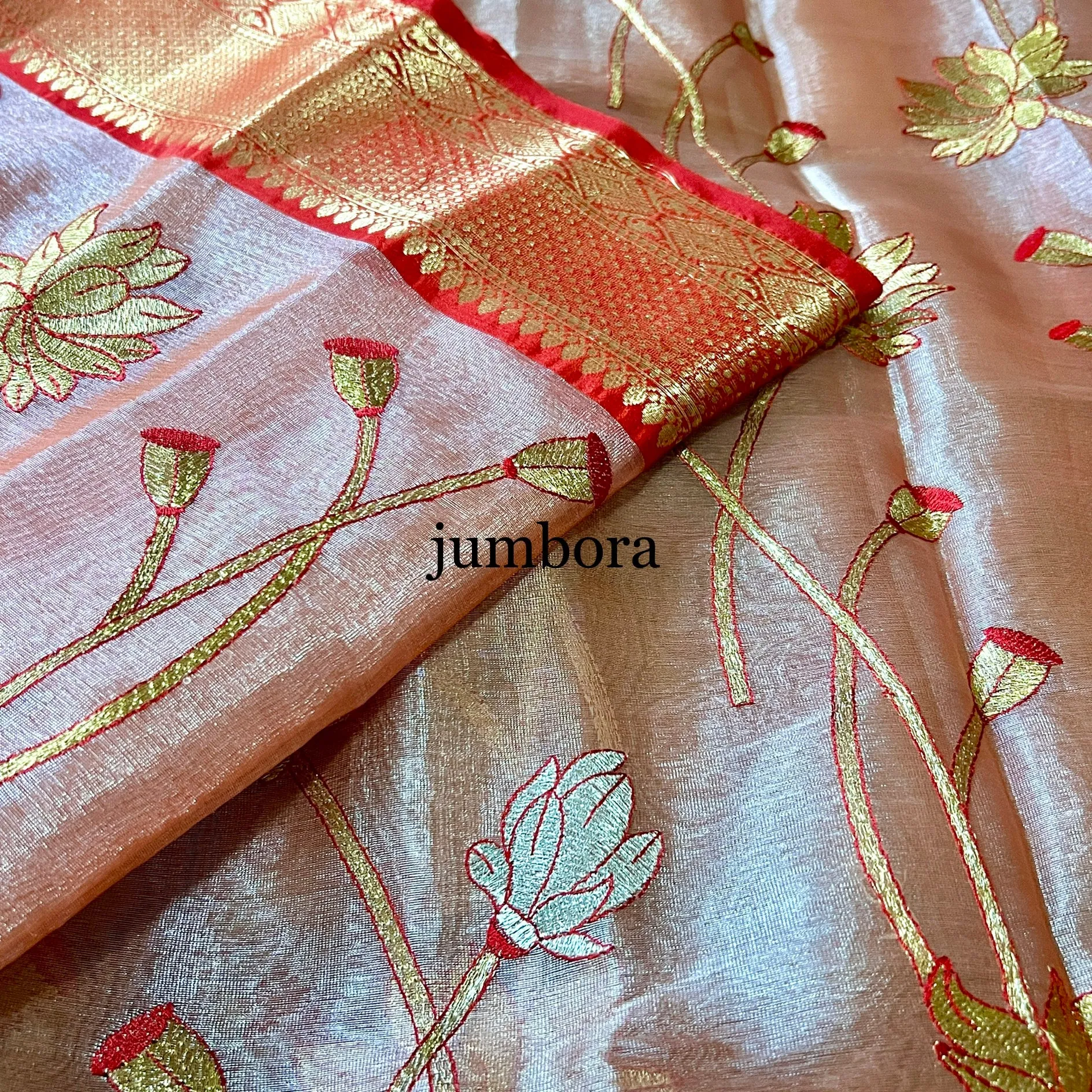 Onion Pink & Red Soft Kanchi Style Tissue Silk Saree with Stitched Blouse