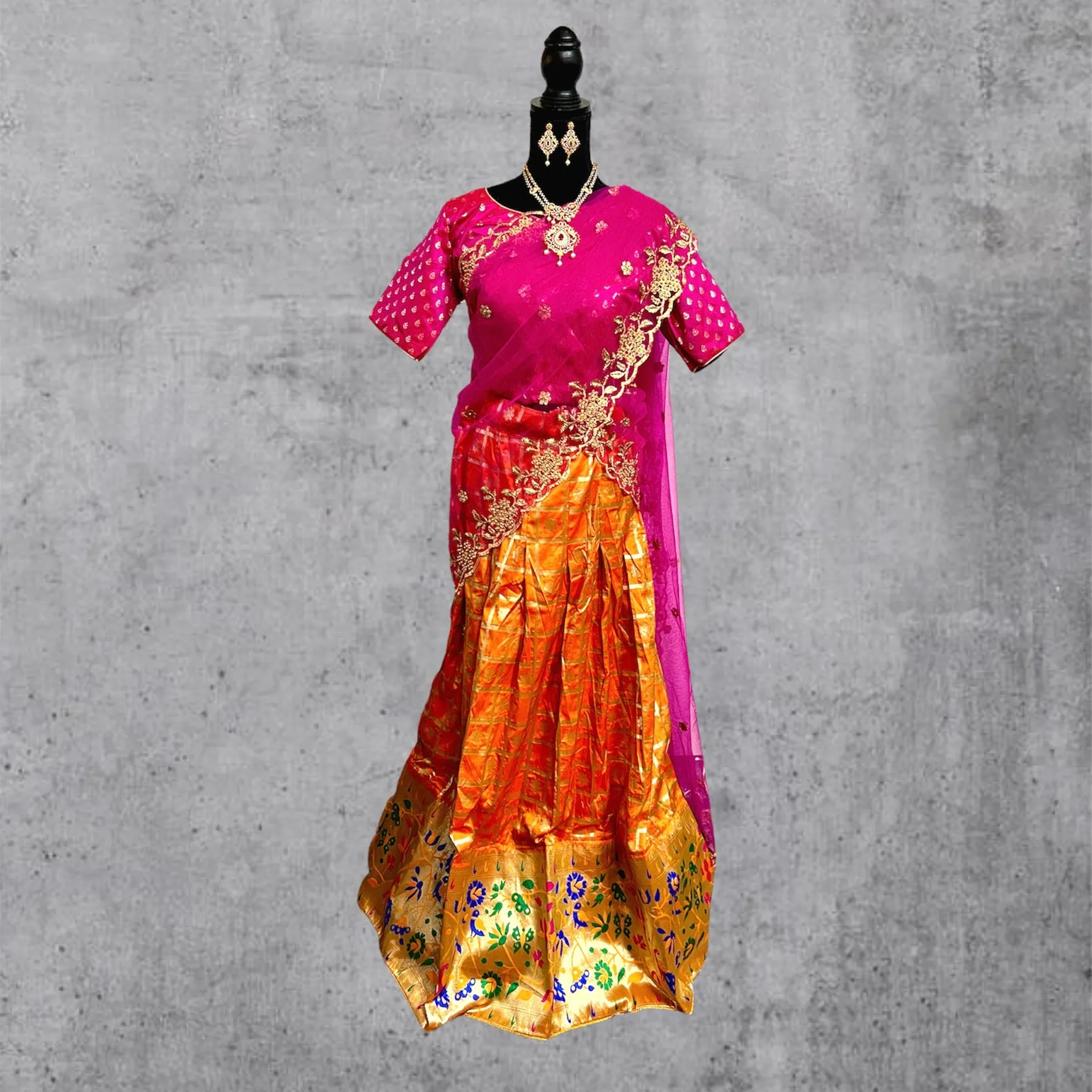 Orange & Pink Banarasi Paithani Style Lehenga, Half Saree Set