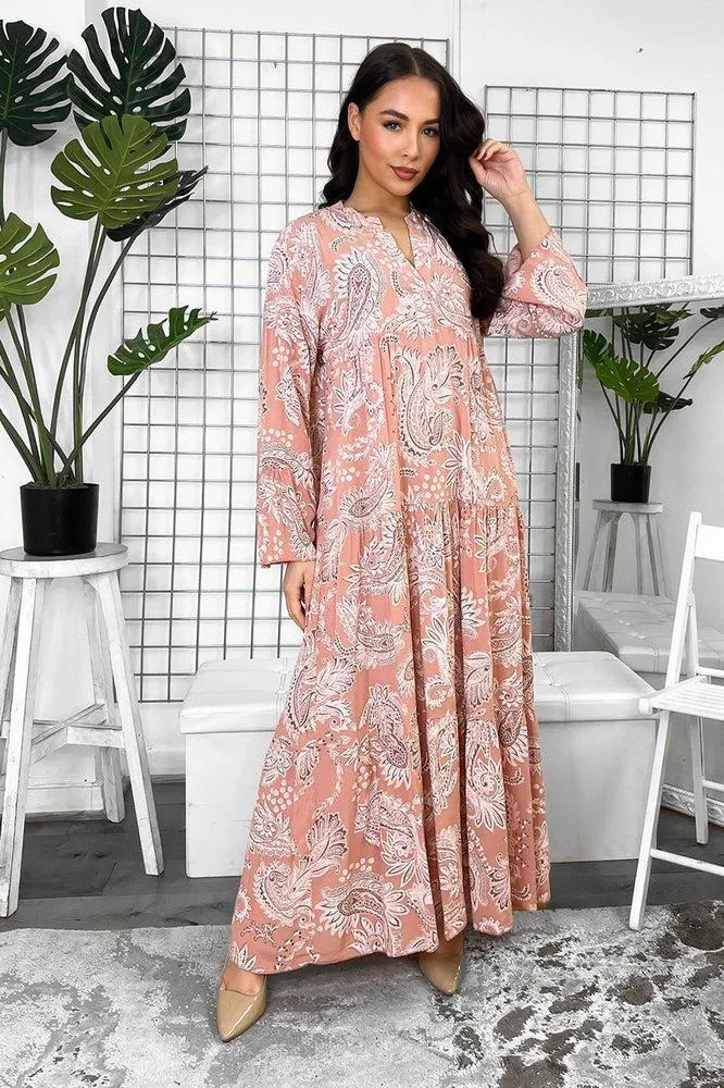 Pailey Print Grandad Collar Tiered Maxi Dress