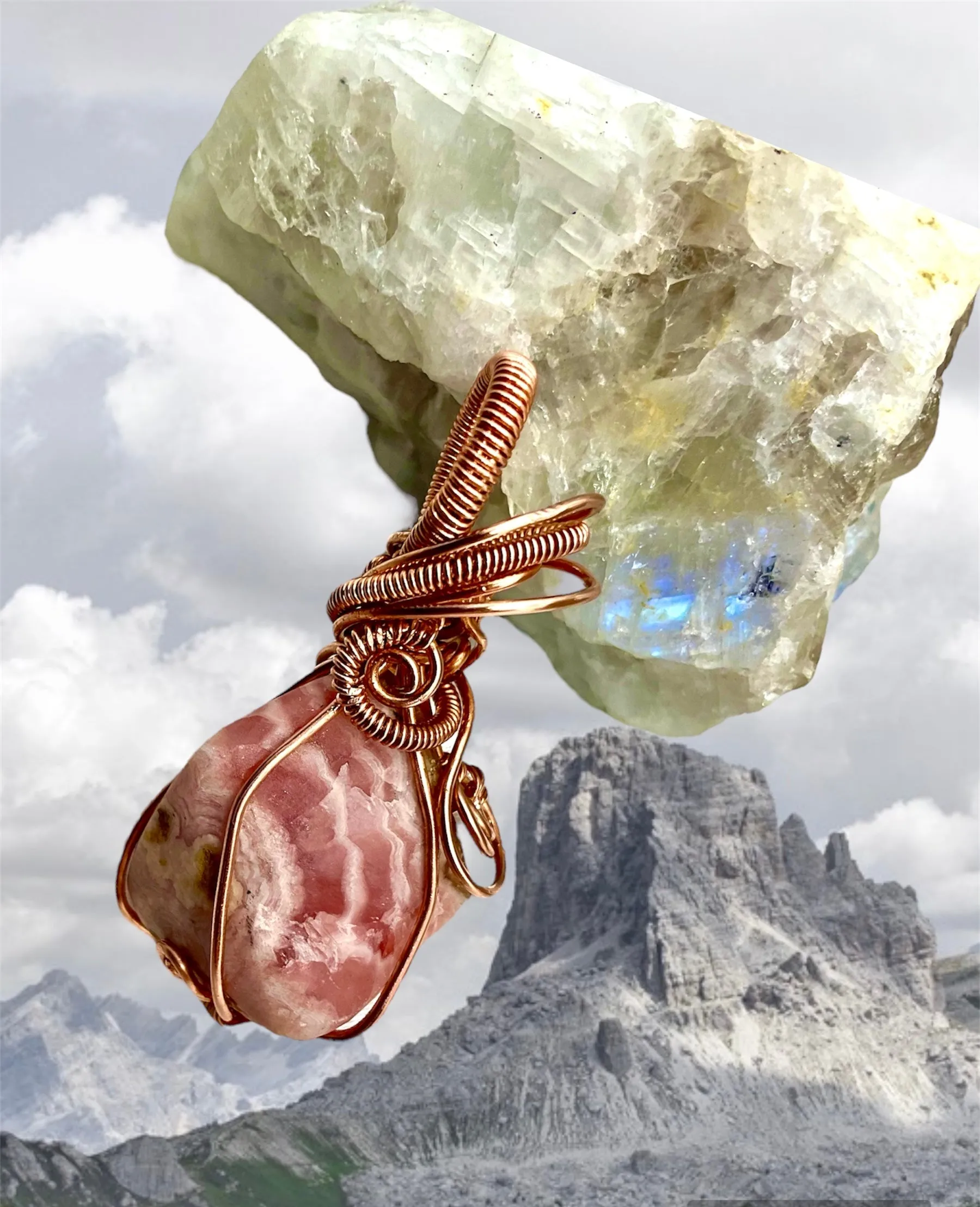 Rhodochrosite Raw Stone Wire Wrapped Pendant