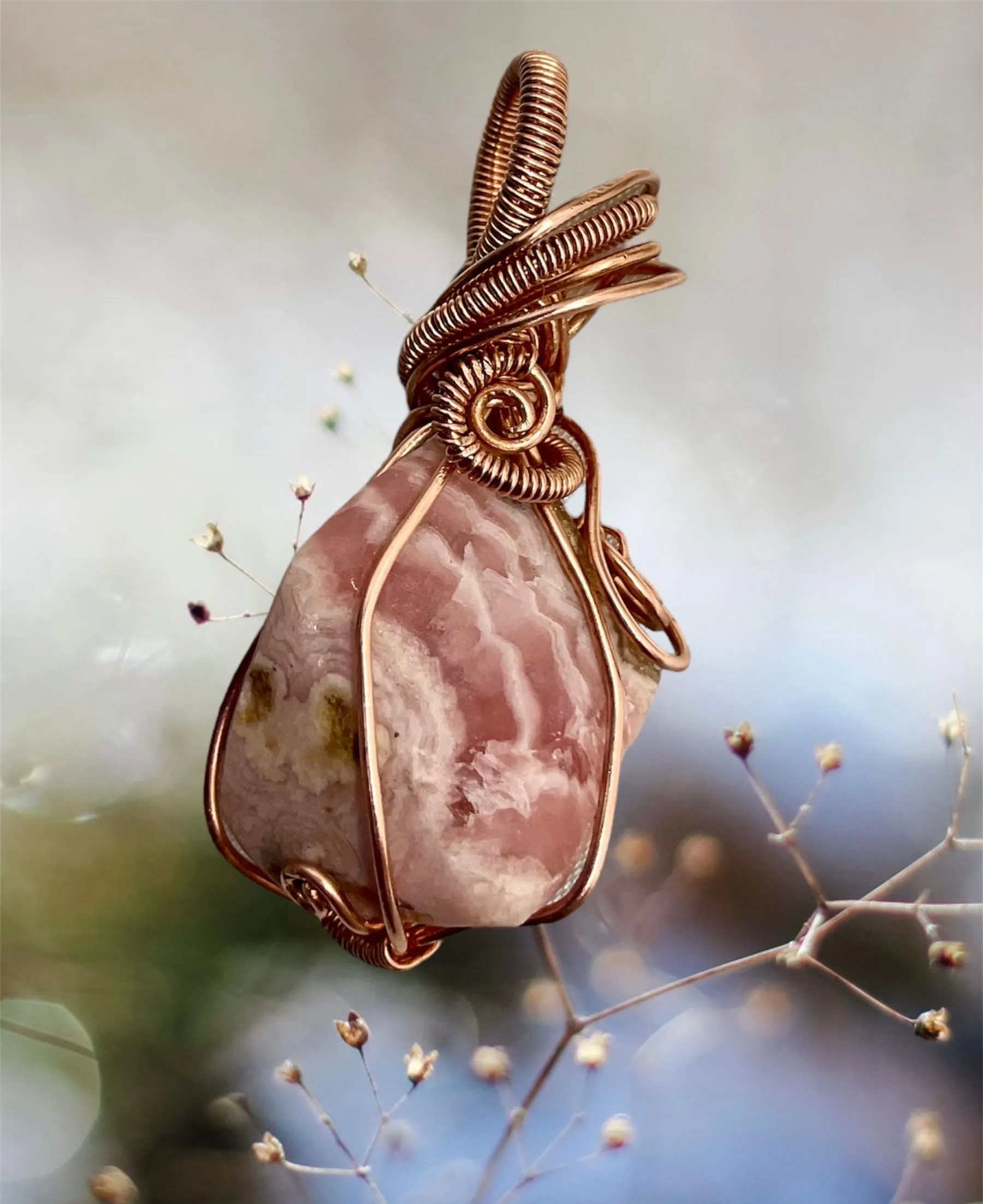 Rhodochrosite Raw Stone Wire Wrapped Pendant