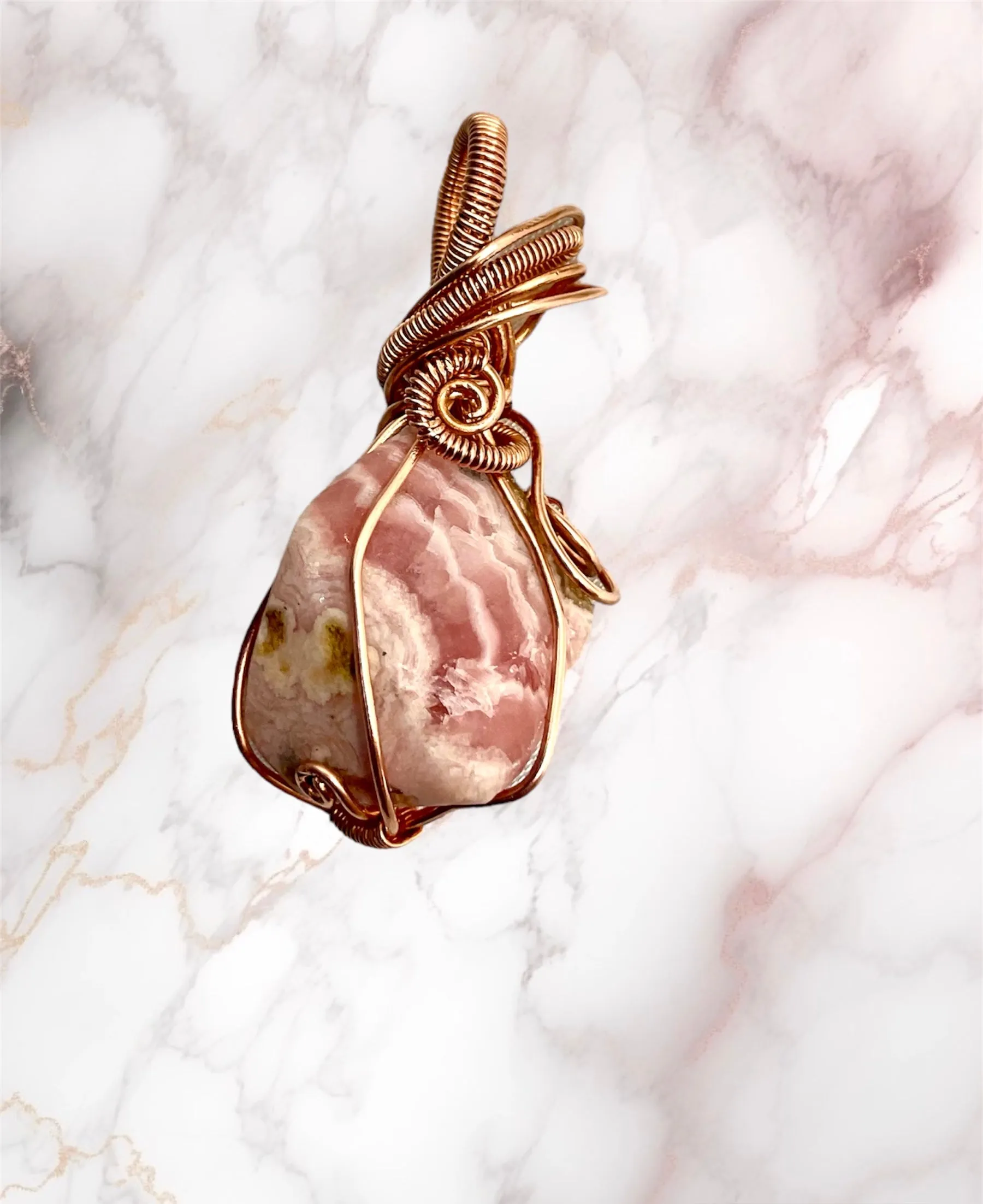 Rhodochrosite Raw Stone Wire Wrapped Pendant