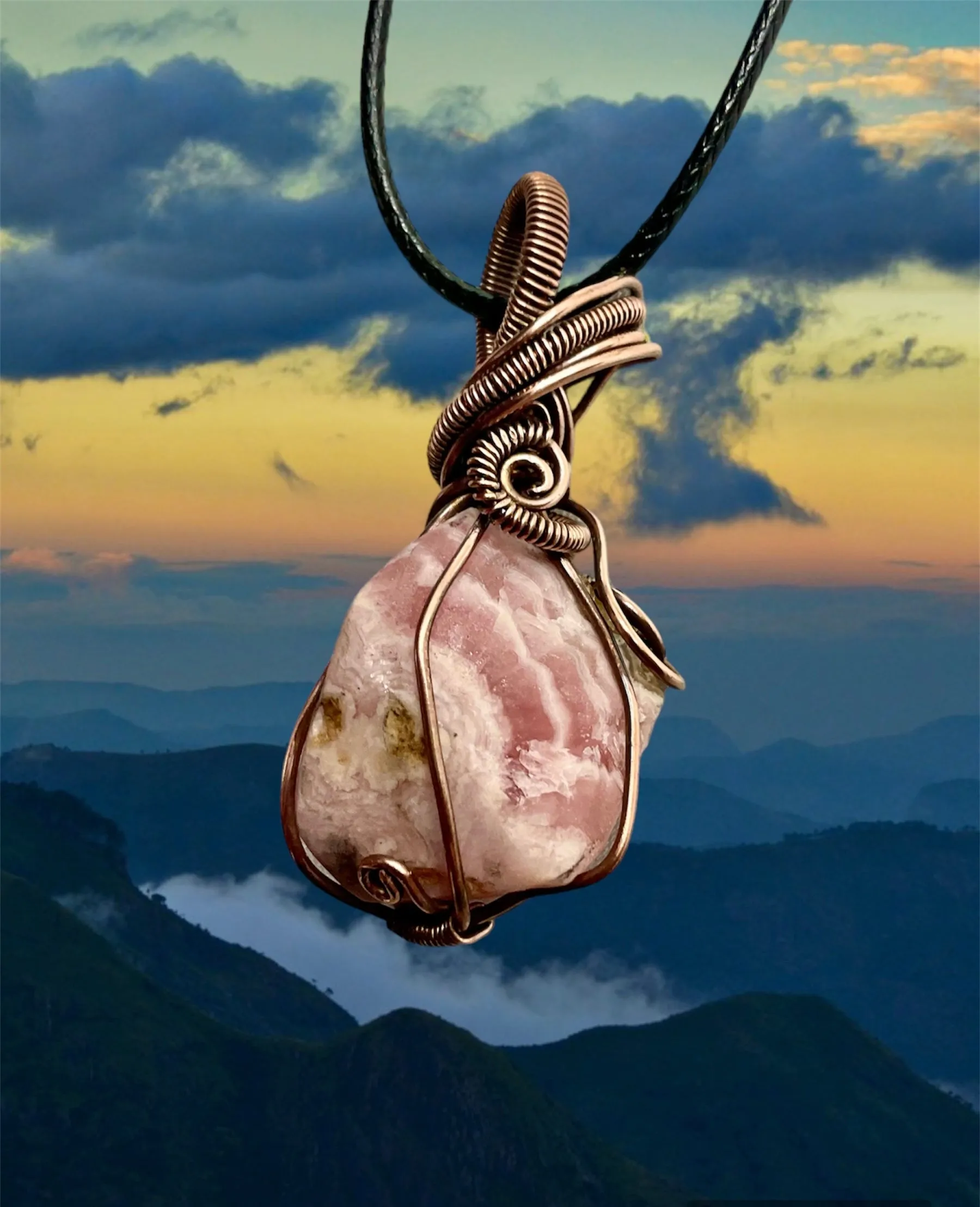 Rhodochrosite Raw Stone Wire Wrapped Pendant