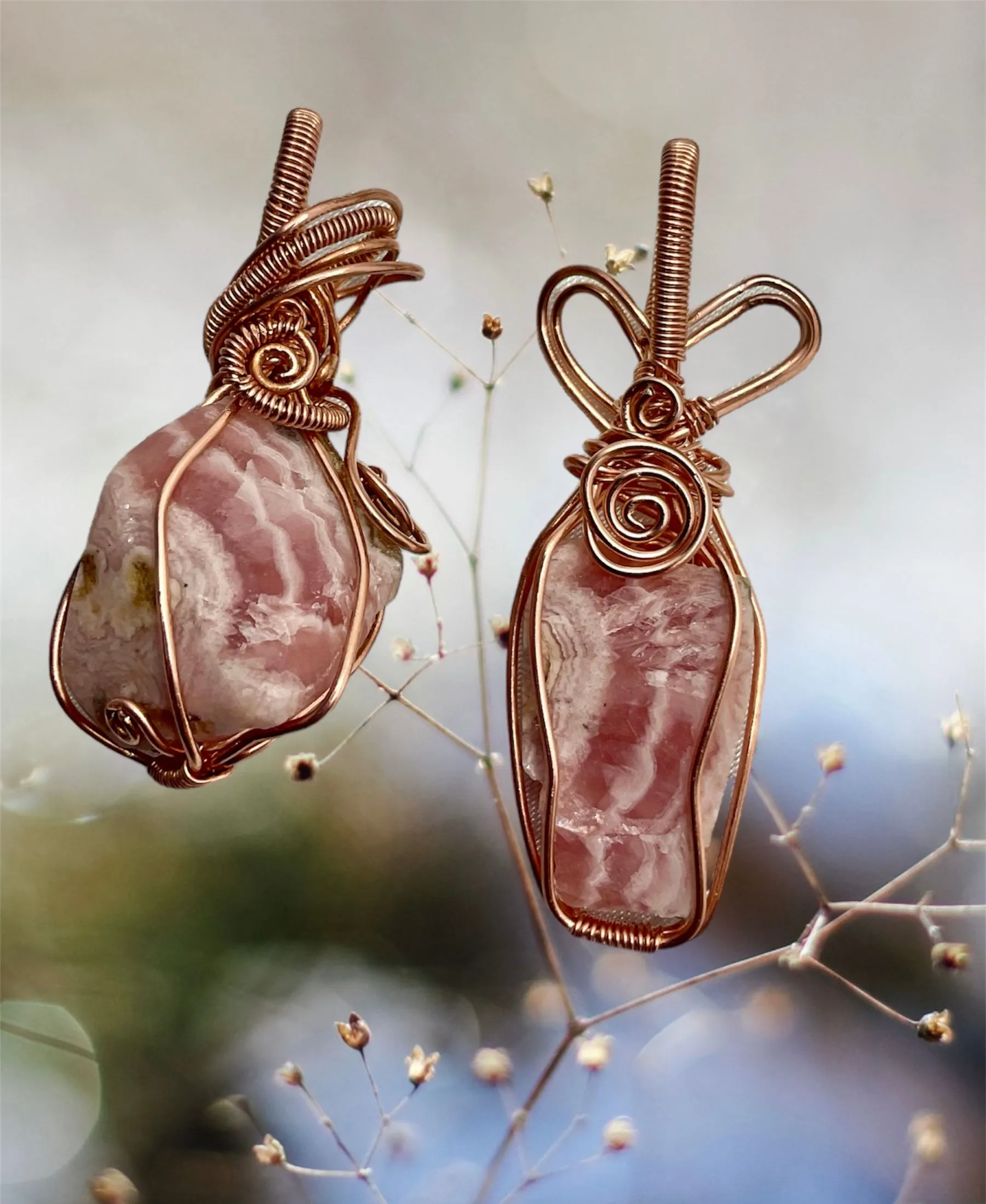 Rhodochrosite Raw Stone Wire Wrapped Pendant