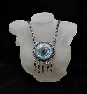 Roman Glass Large Stone Necklace Silver 925 Hand Made Special Chain Certificate