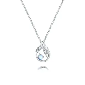 S925 Sterling Silver Main Moonstone Small CZ Diamond Feather Necklace