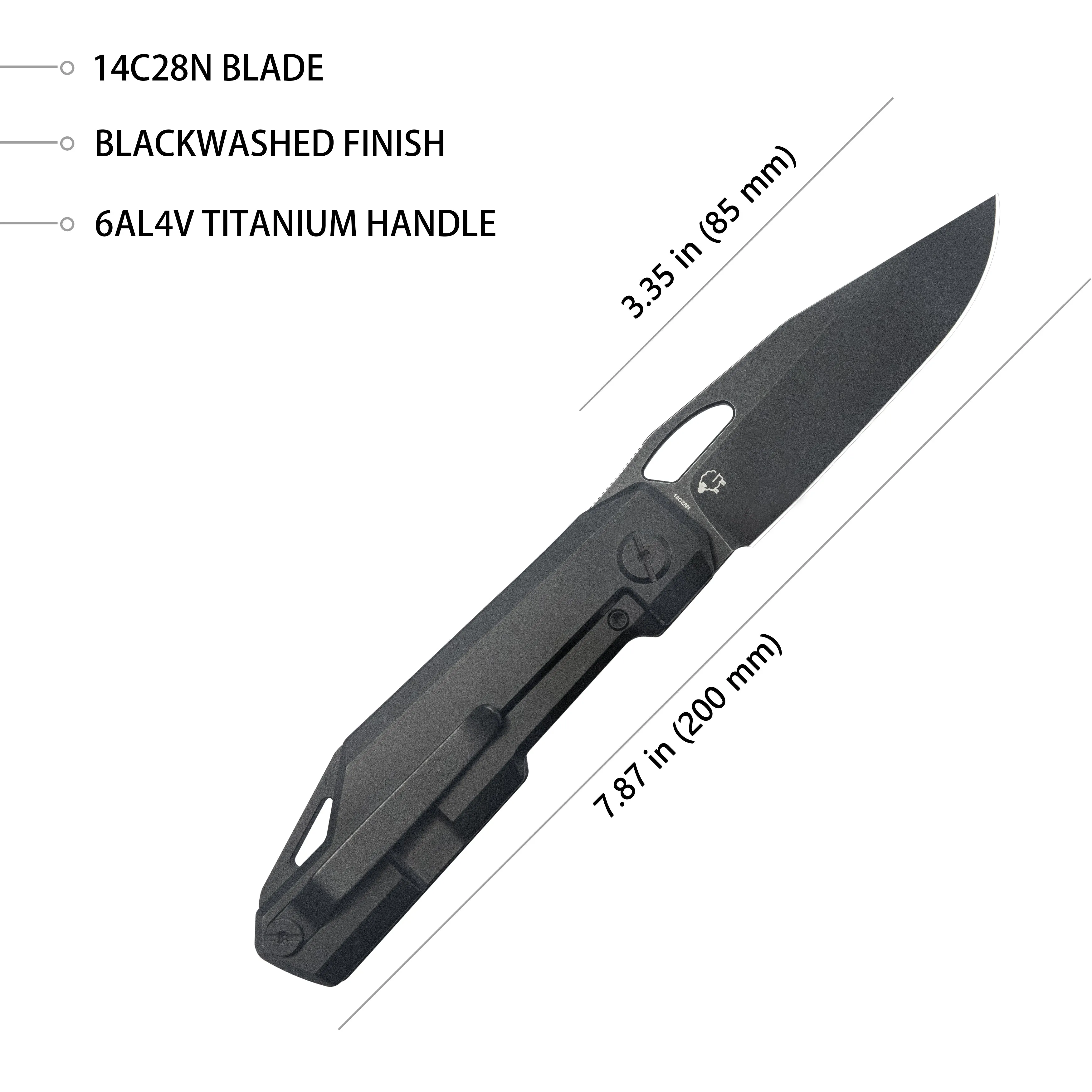 Verijero Fronter Flipper Pocket Folding Knife Black Coating 6AL4V Titanium Handle 3.35 Blackwash 14C28N KB340D