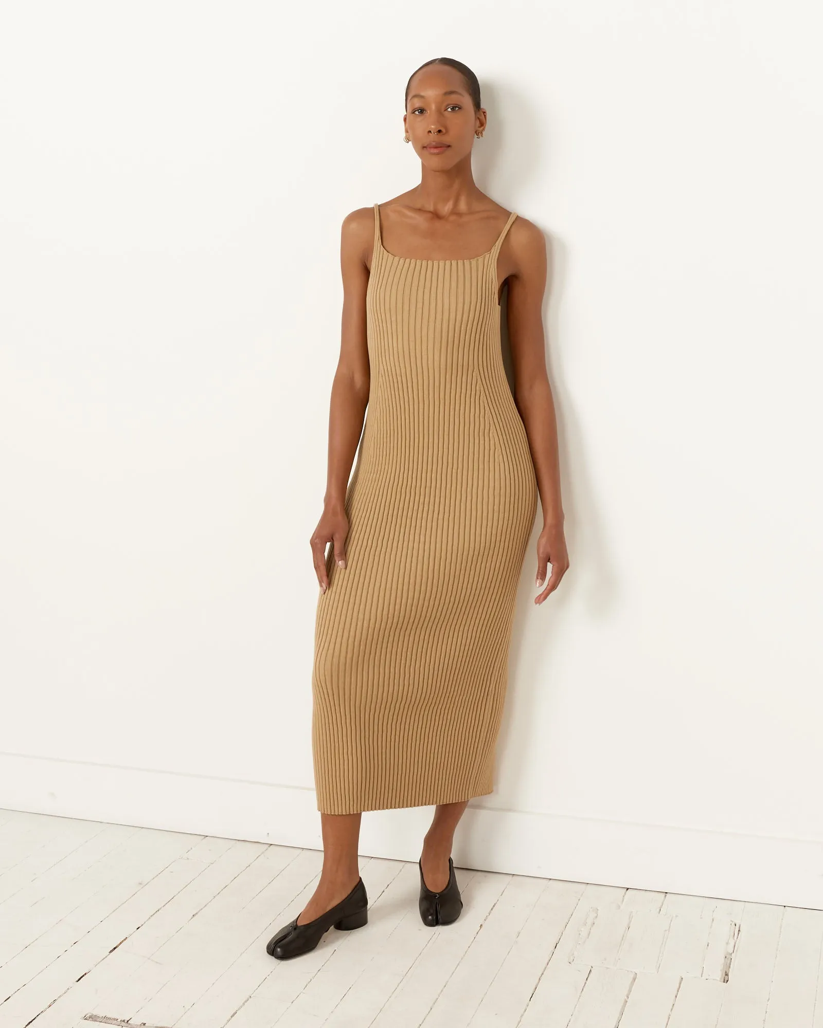 Wide Rib Knit Dress in Beige